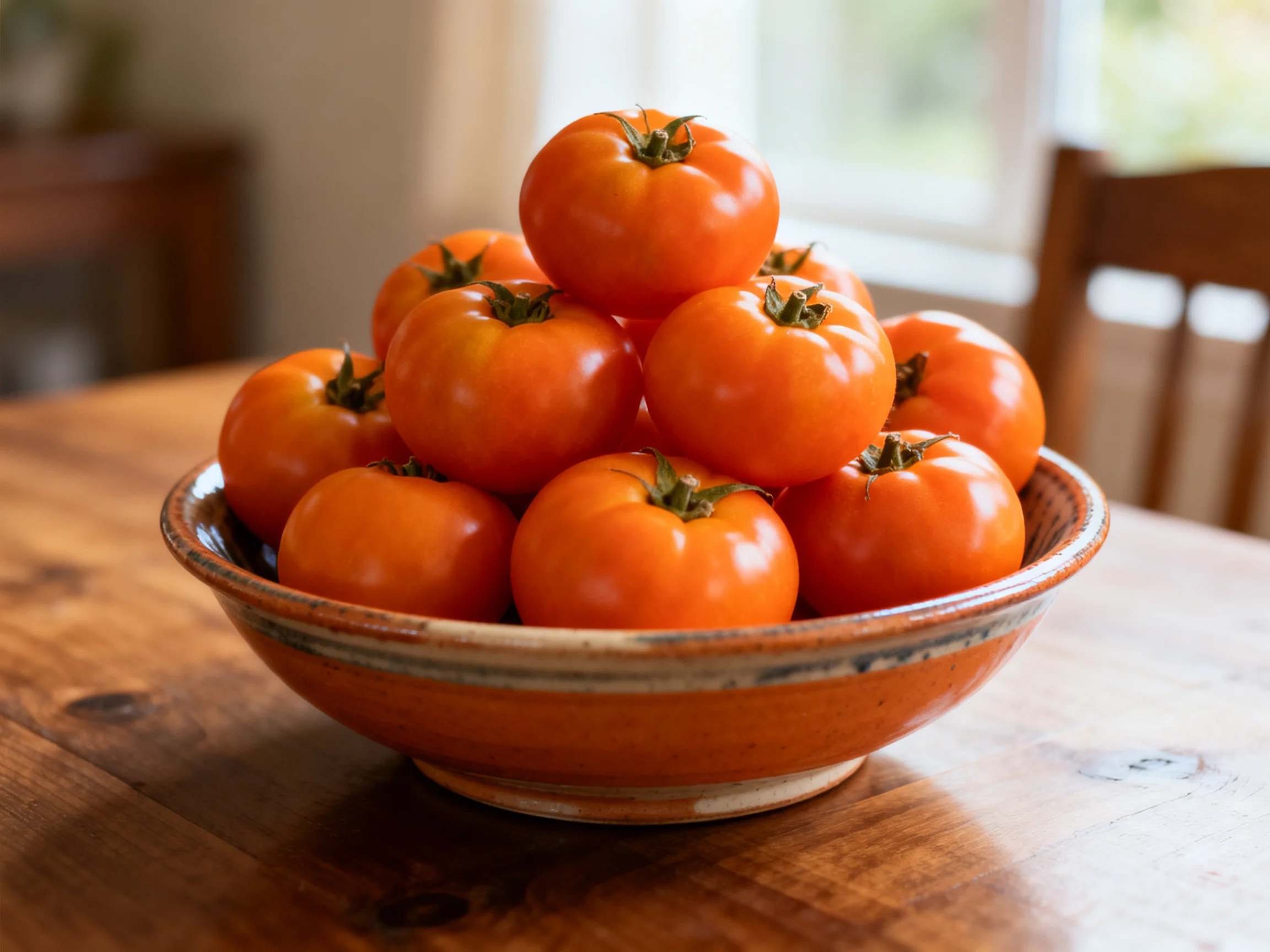 A bowl of vibrant orange tomatoes arranged in a pyramid
