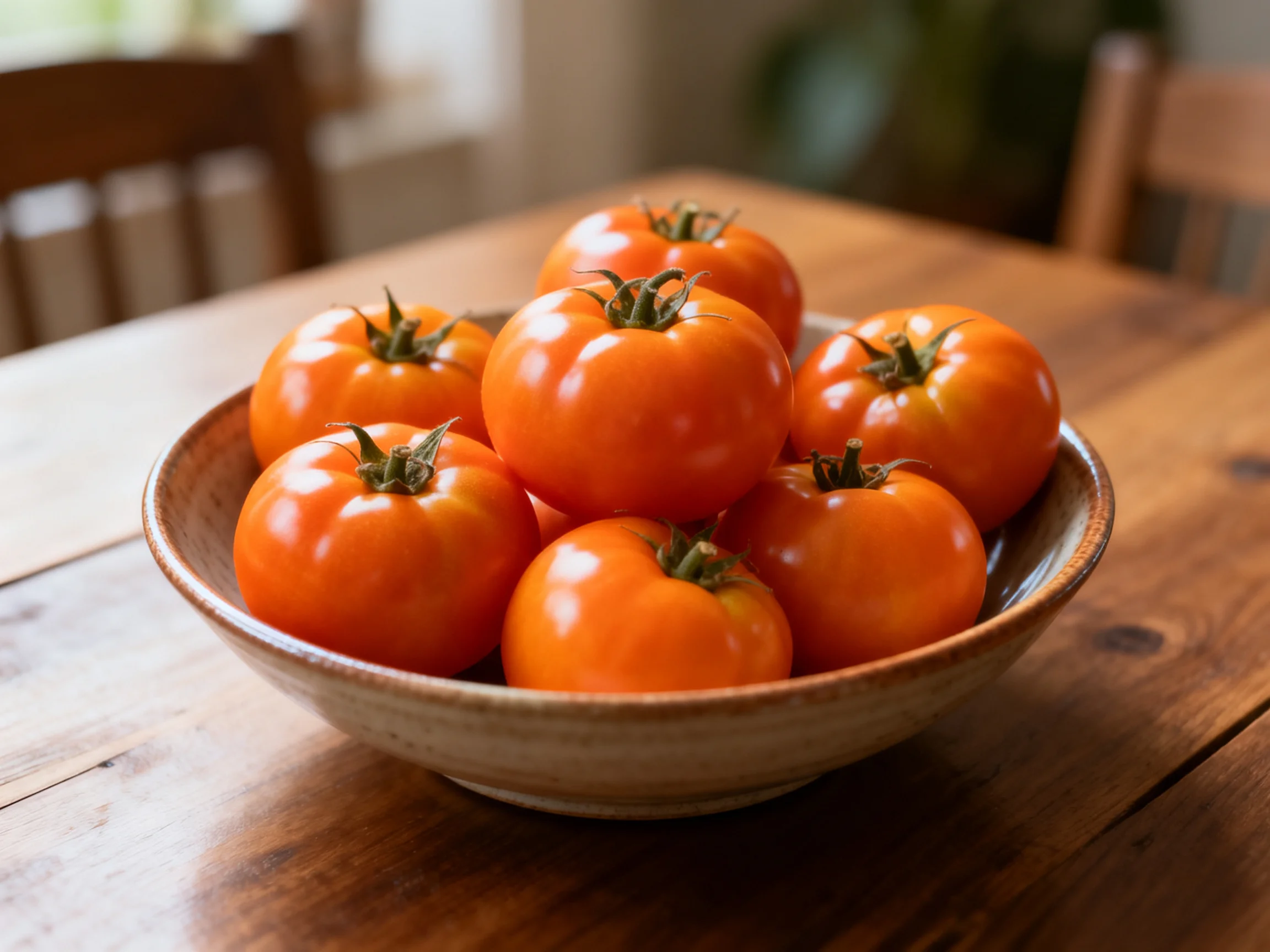 A bowl of vibrant orange tomatoes on a wooden table