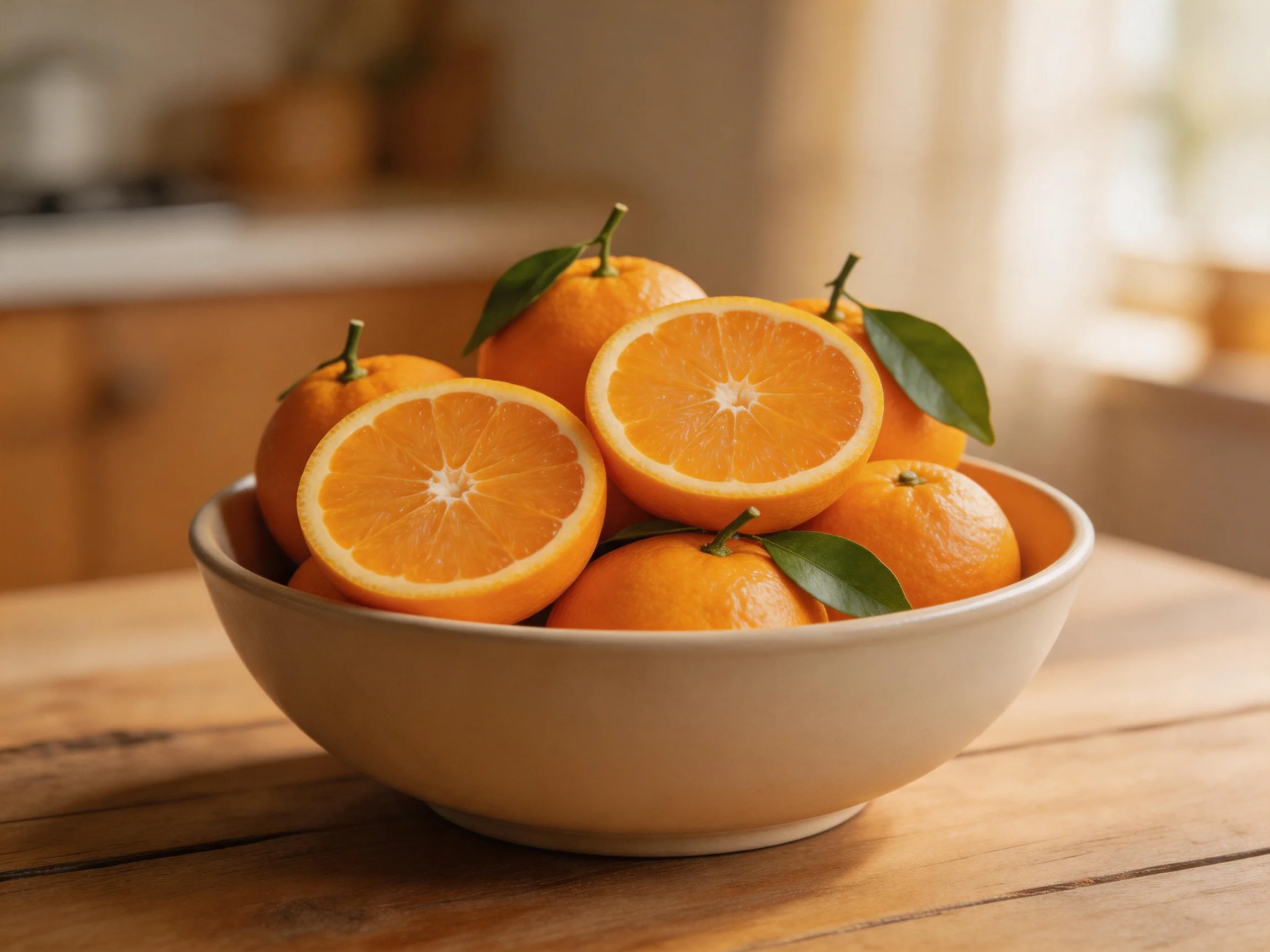 A bowl of vibrant oranges with green leaves on a wooden surface