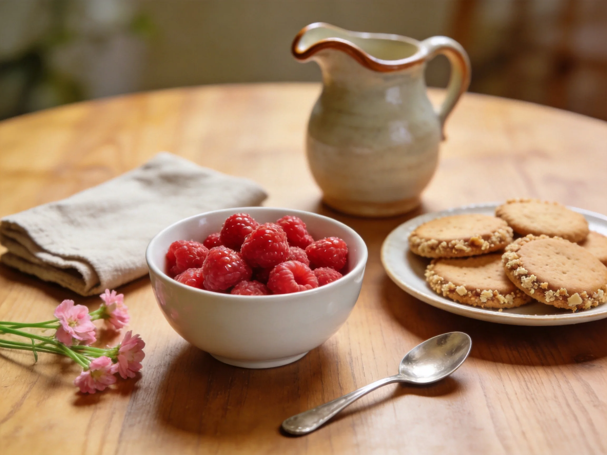 A bowl of vibrant raspberries, cookies, and a ceramic pitcher on a wooden table