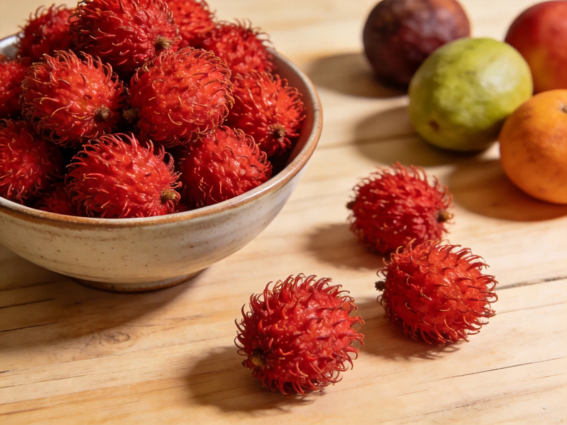 A bowl of vibrant red rambutan with assorted fruits nearby