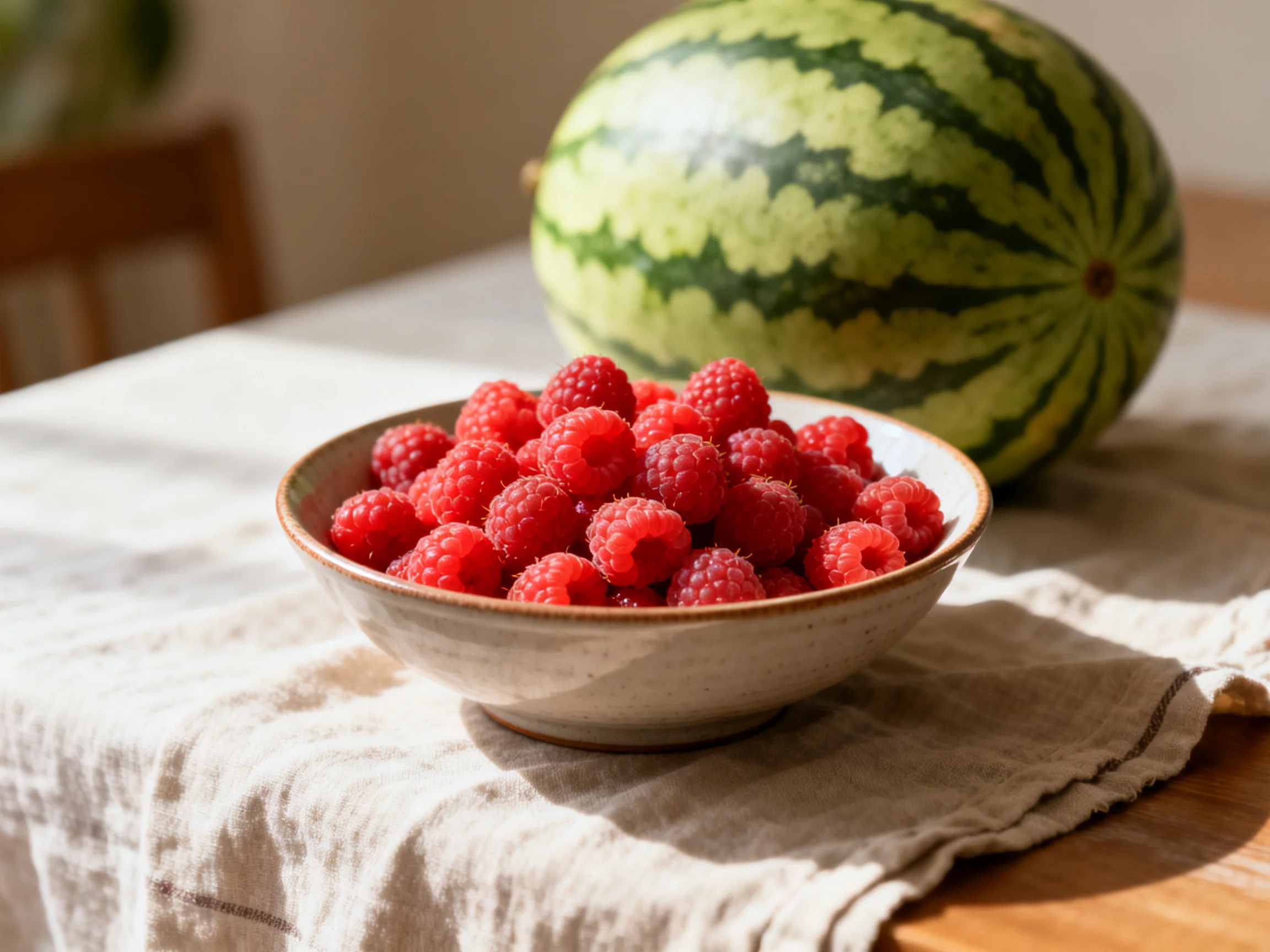 A bowl of vibrant red raspberries beside a large green-striped watermelon