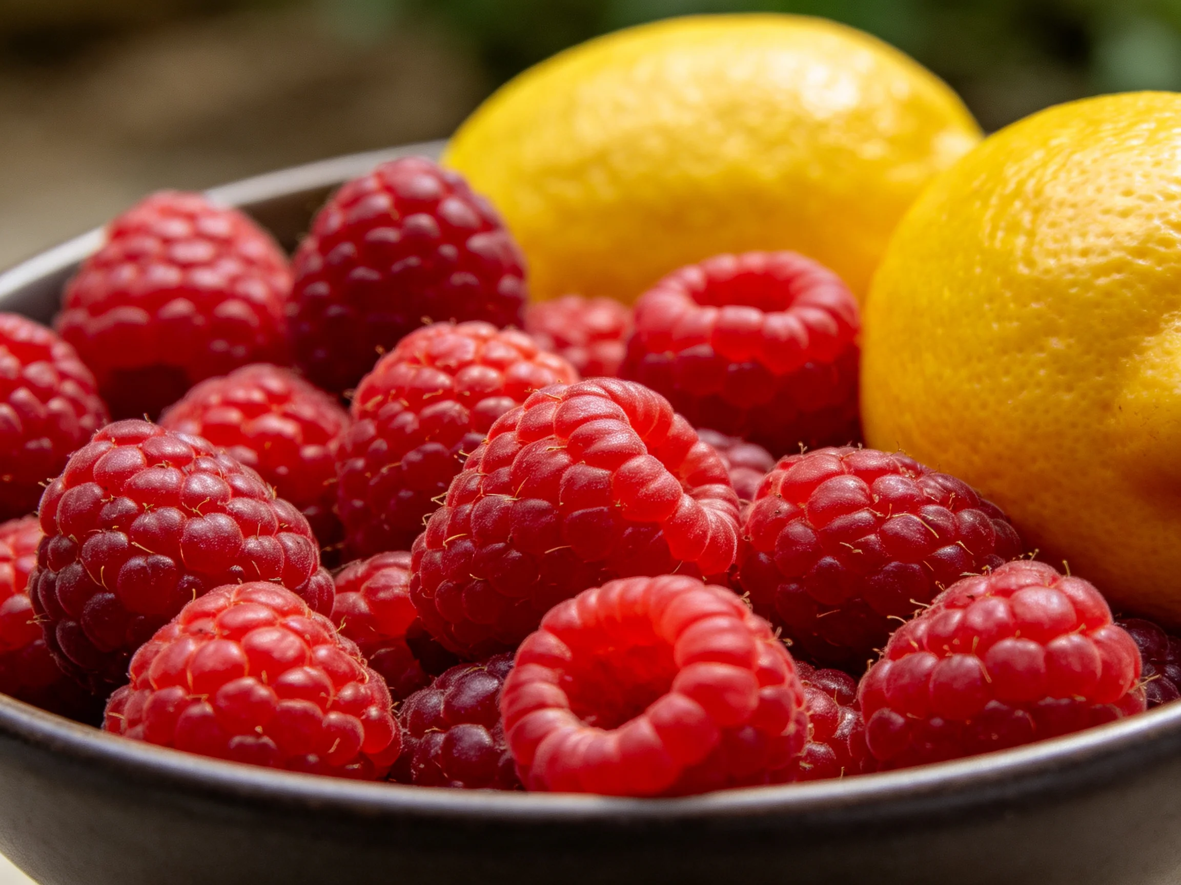 A bowl of vibrant red raspberries with two yellow lemons