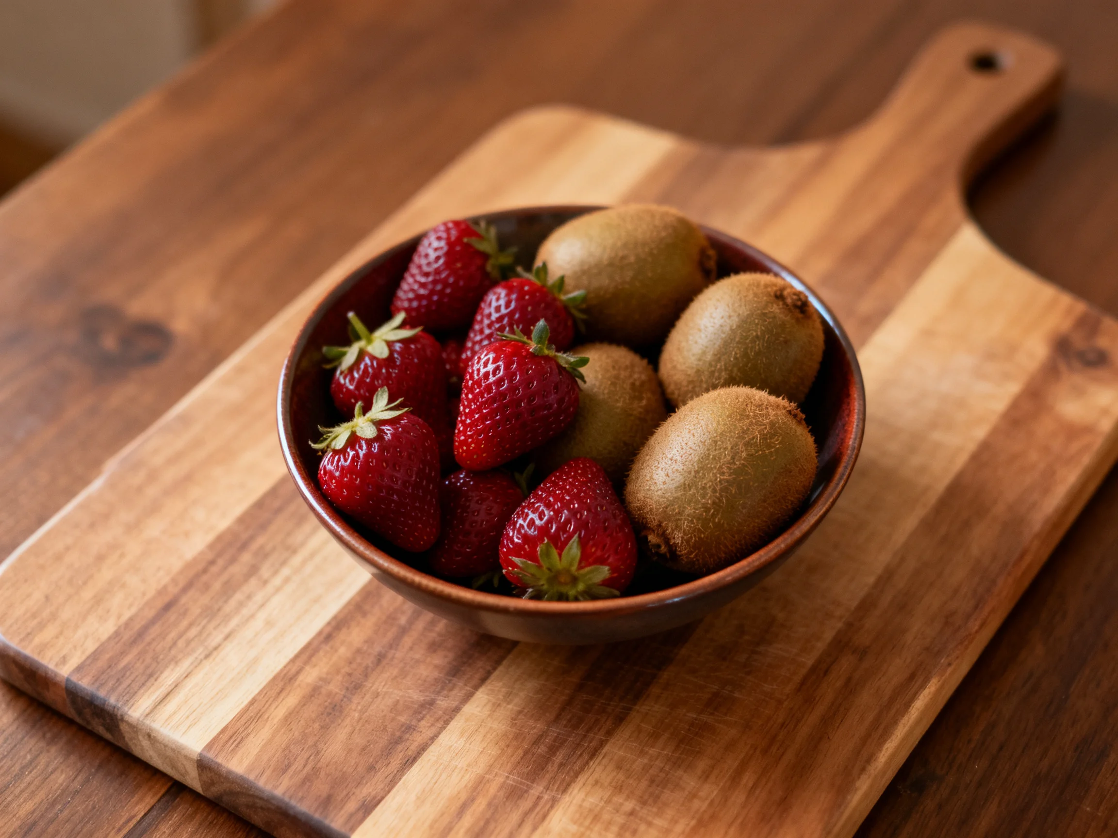 A bowl of vibrant strawberries and brown kiwis sits on a wooden cutting board.