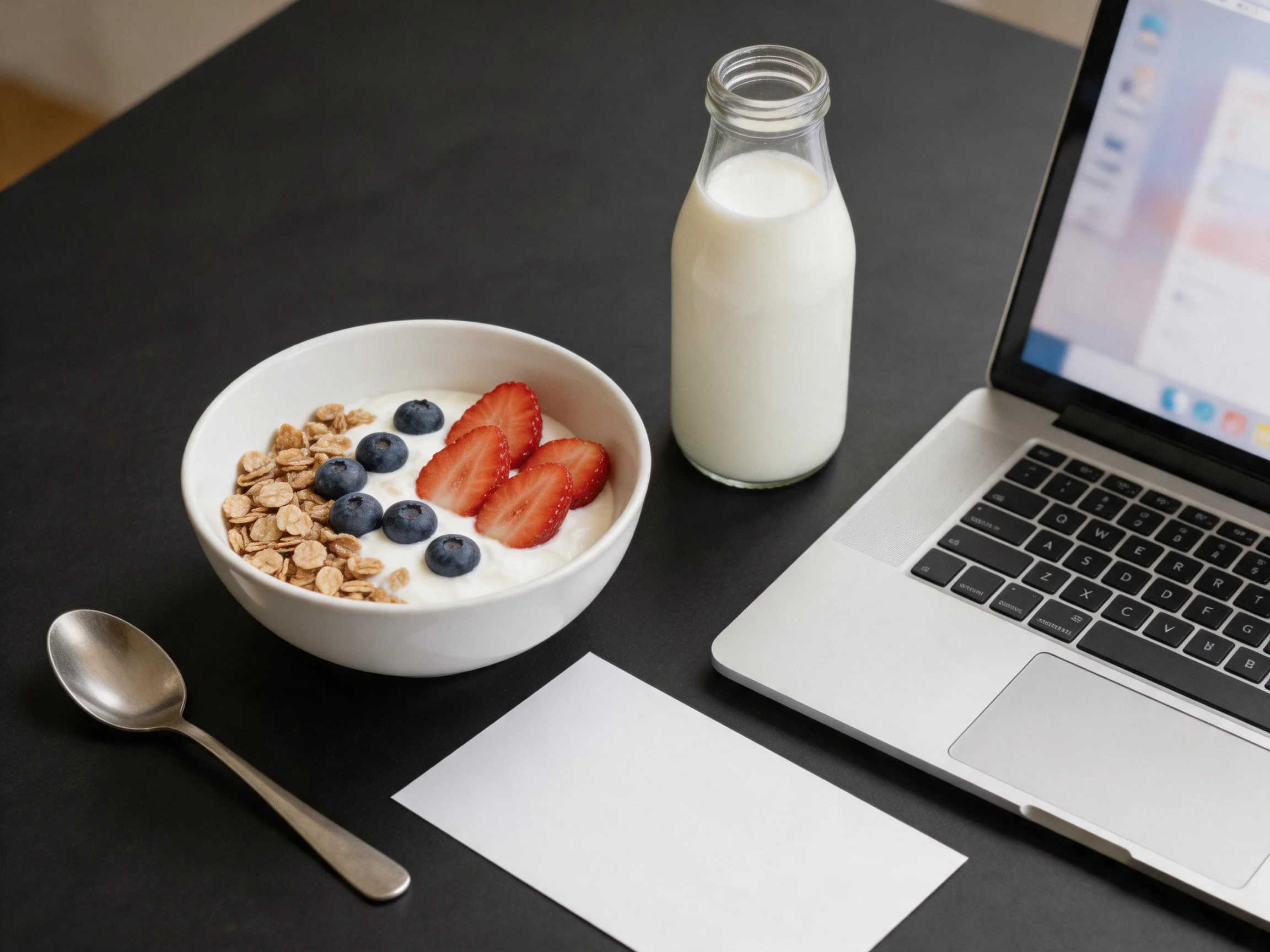 A bowl of yogurt, granola, strawberries, and blueberries beside a glass milk bottle and laptop on a d