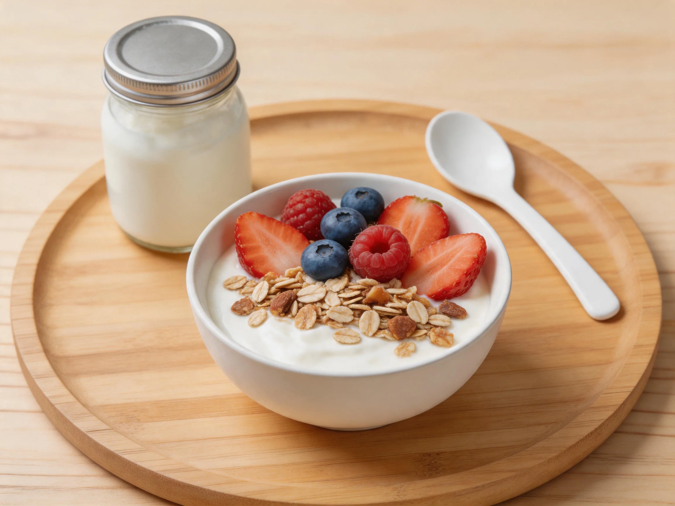 A bowl of yogurt with mixed berries and granola next to a glass jar of milk on a wooden tray
