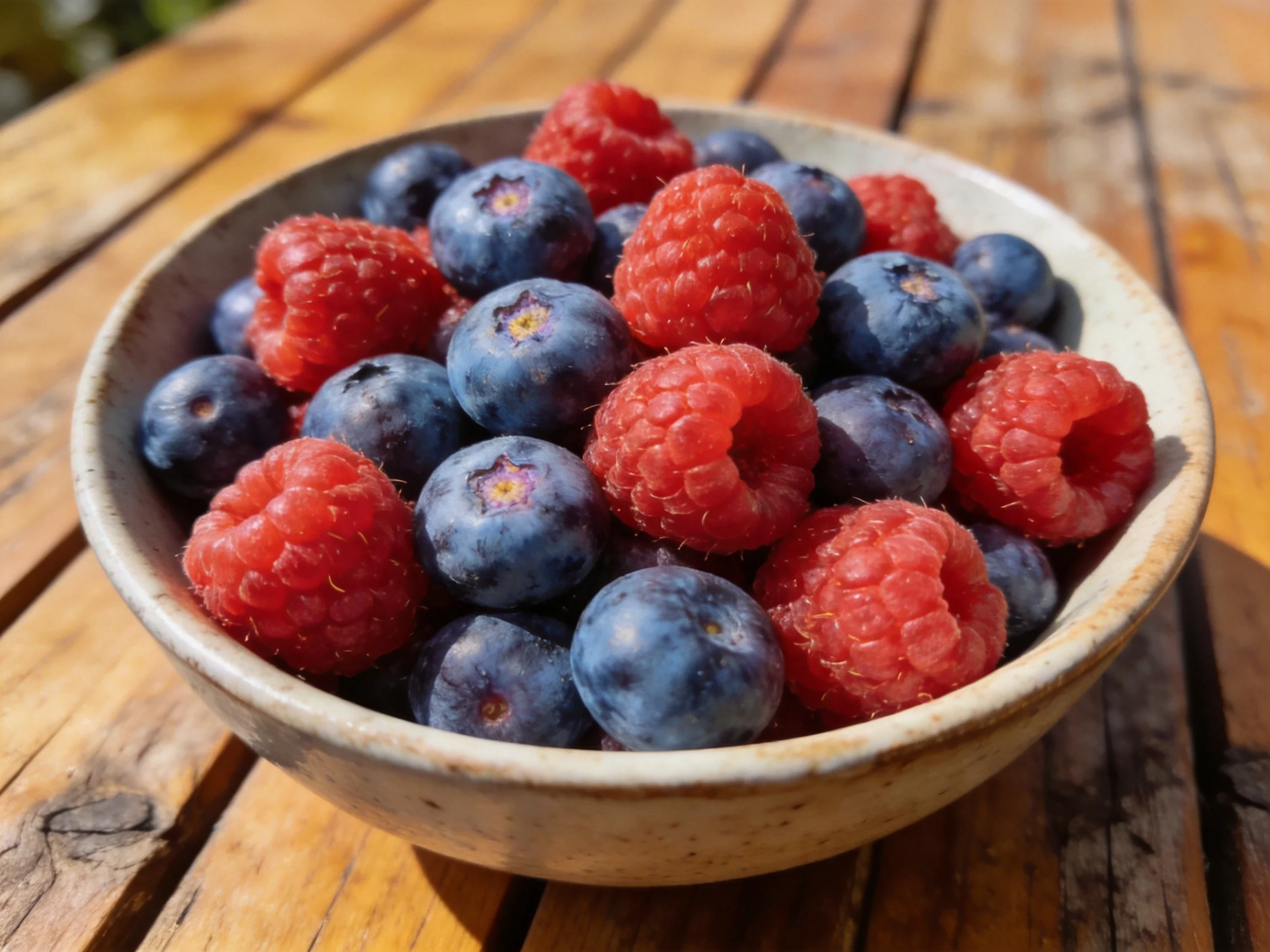 A bowl overflowing with bright raspberries and rich blueberries sits on a wooden table