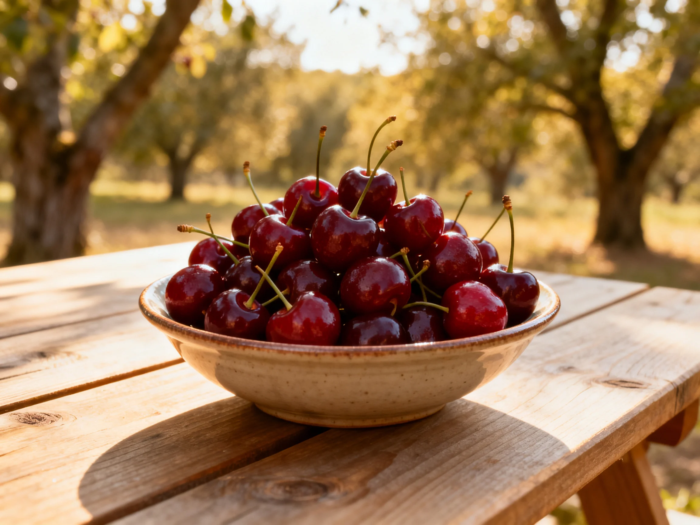 A bowl overflowing with glossy dark red cherries on a wooden table