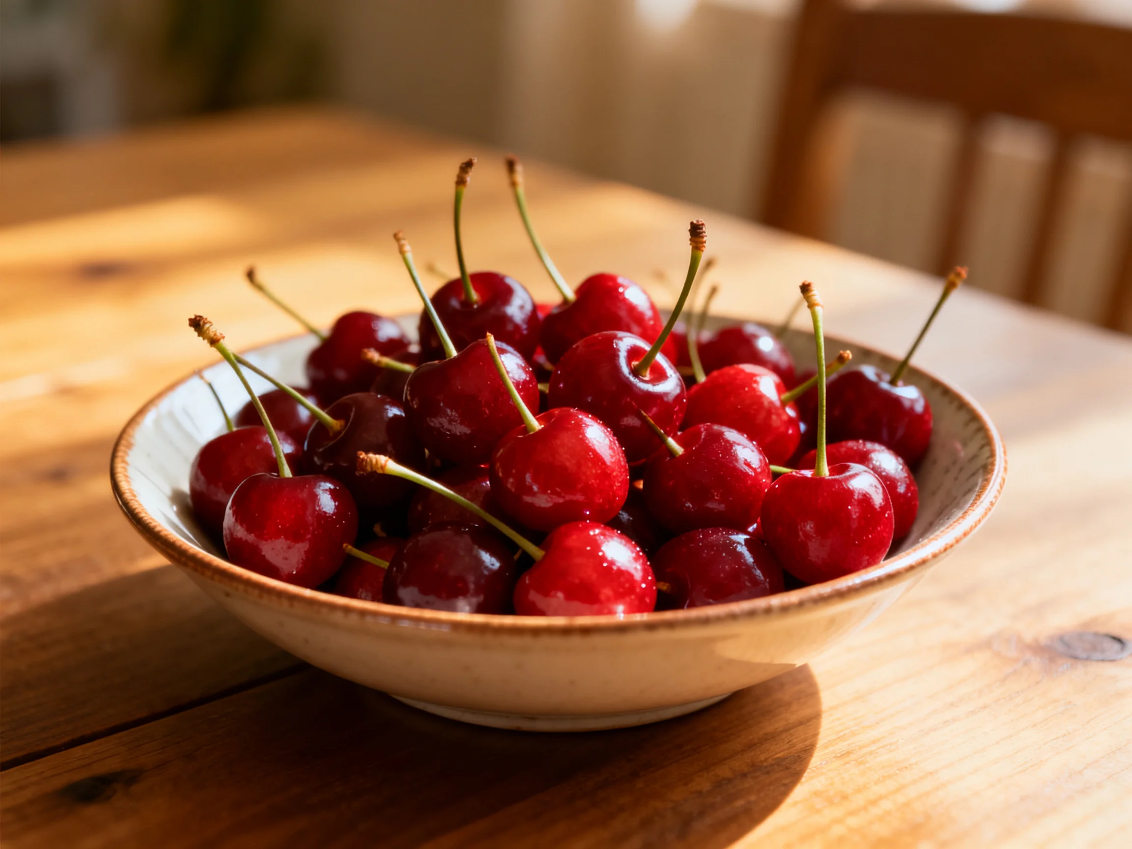 A bowl overflowing with glossy red cherries sits on a wooden table