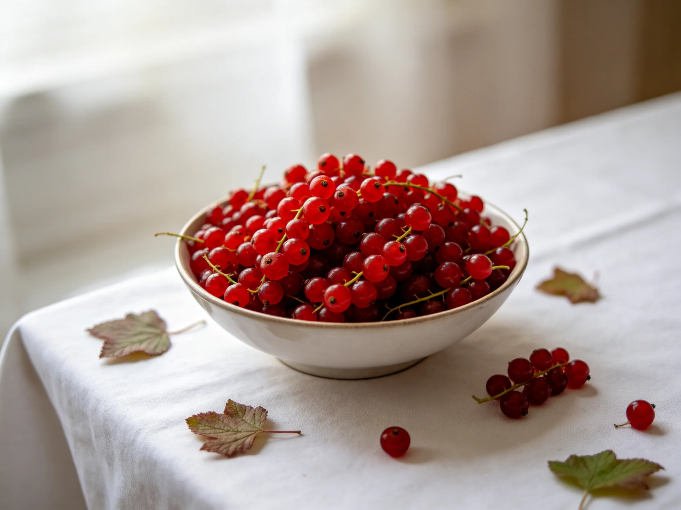 A bowl overflowing with red currants sits on a white tablecloth