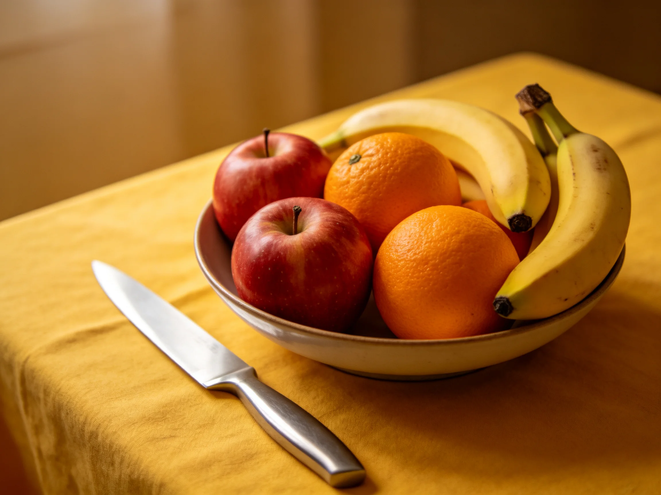A bowl with red apples, orange oranges, and yellow bananas beside a silver knife