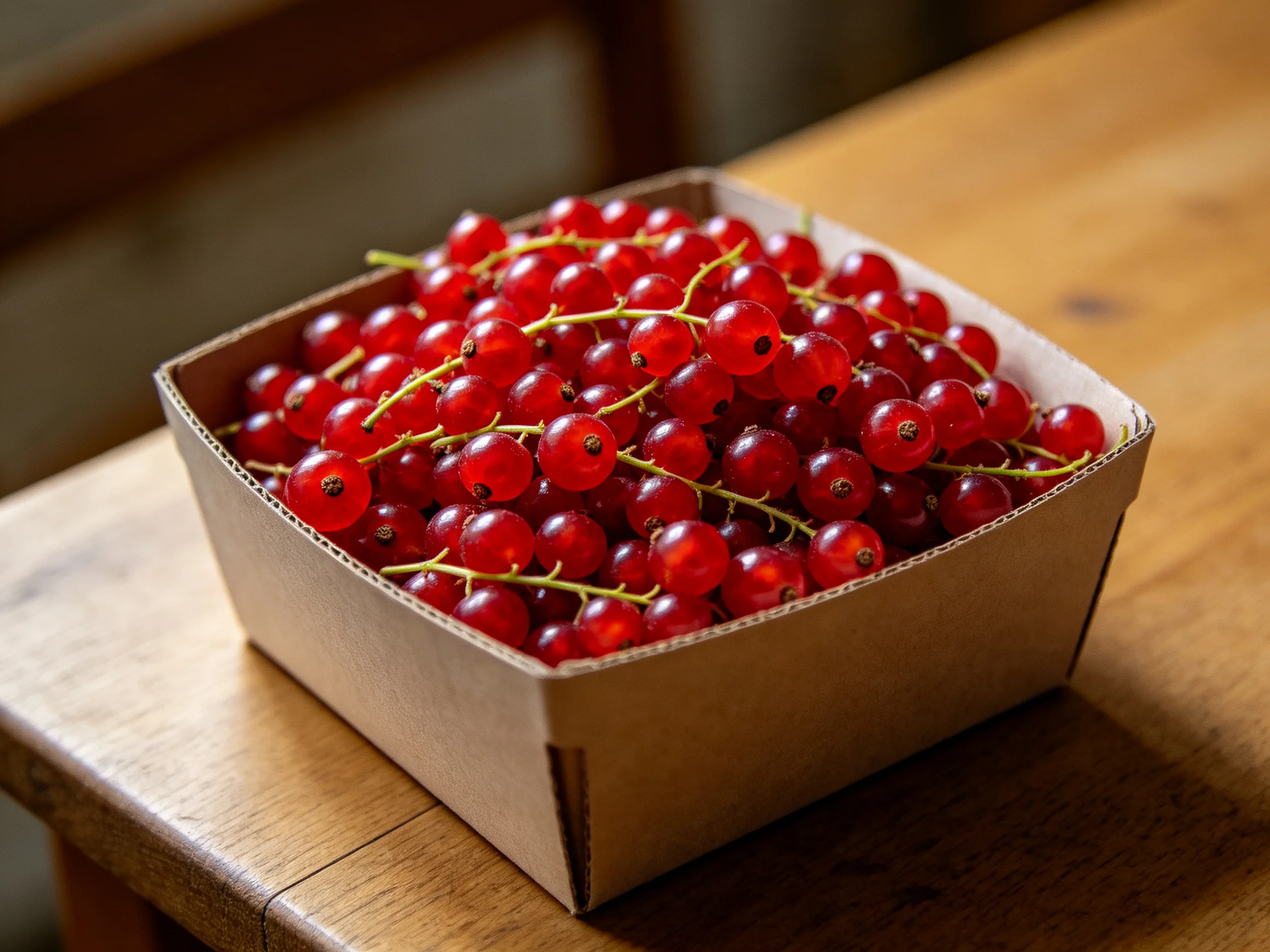 A box brimming with vibrant red currants on a wooden table
