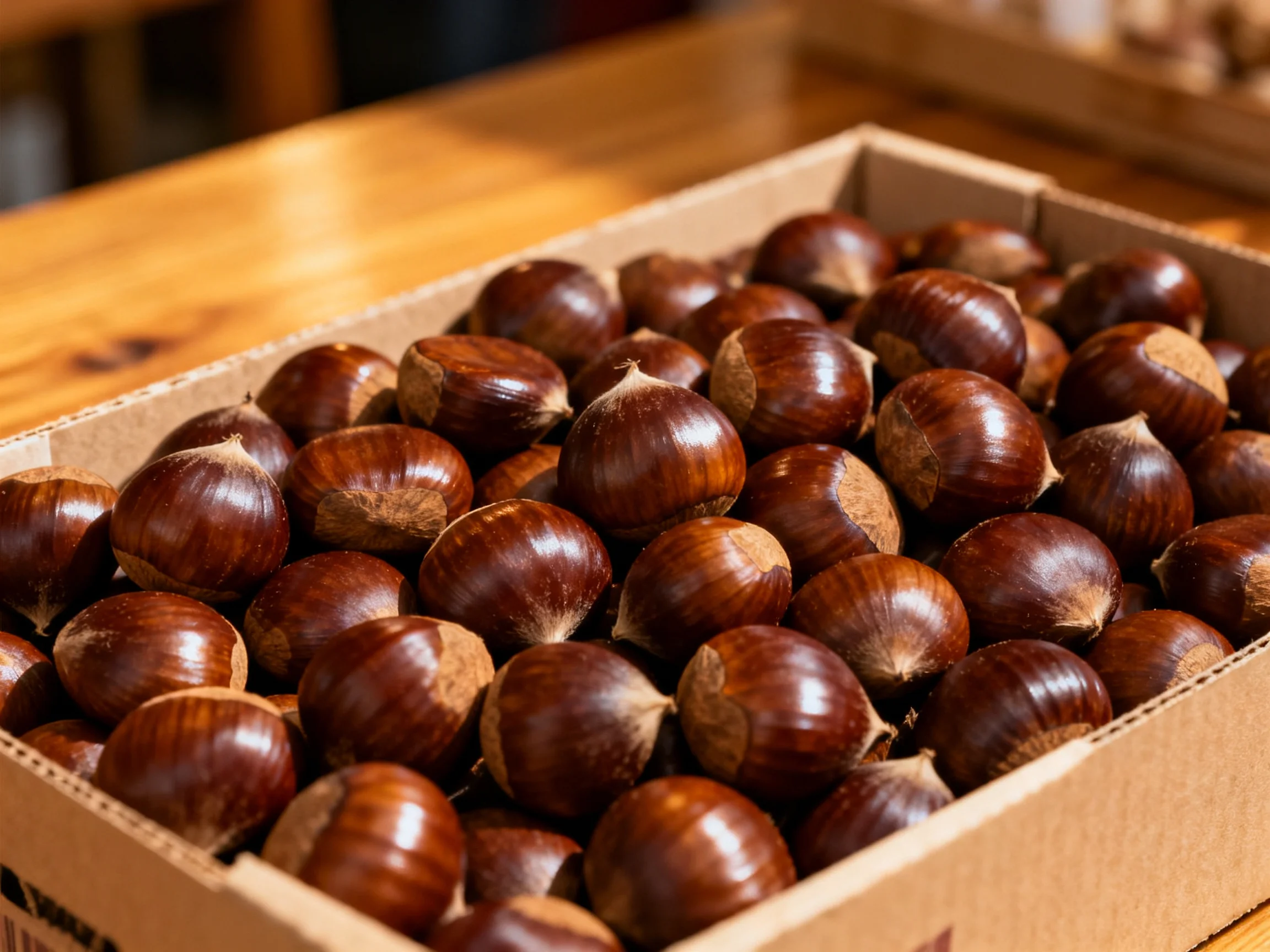 A box filled with glossy brown chestnuts on a wooden surface