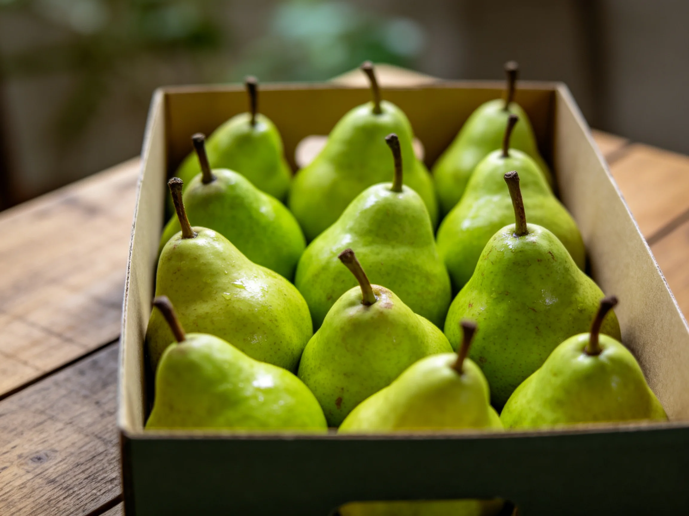 A box filled with numerous fresh green pears arranged in rows