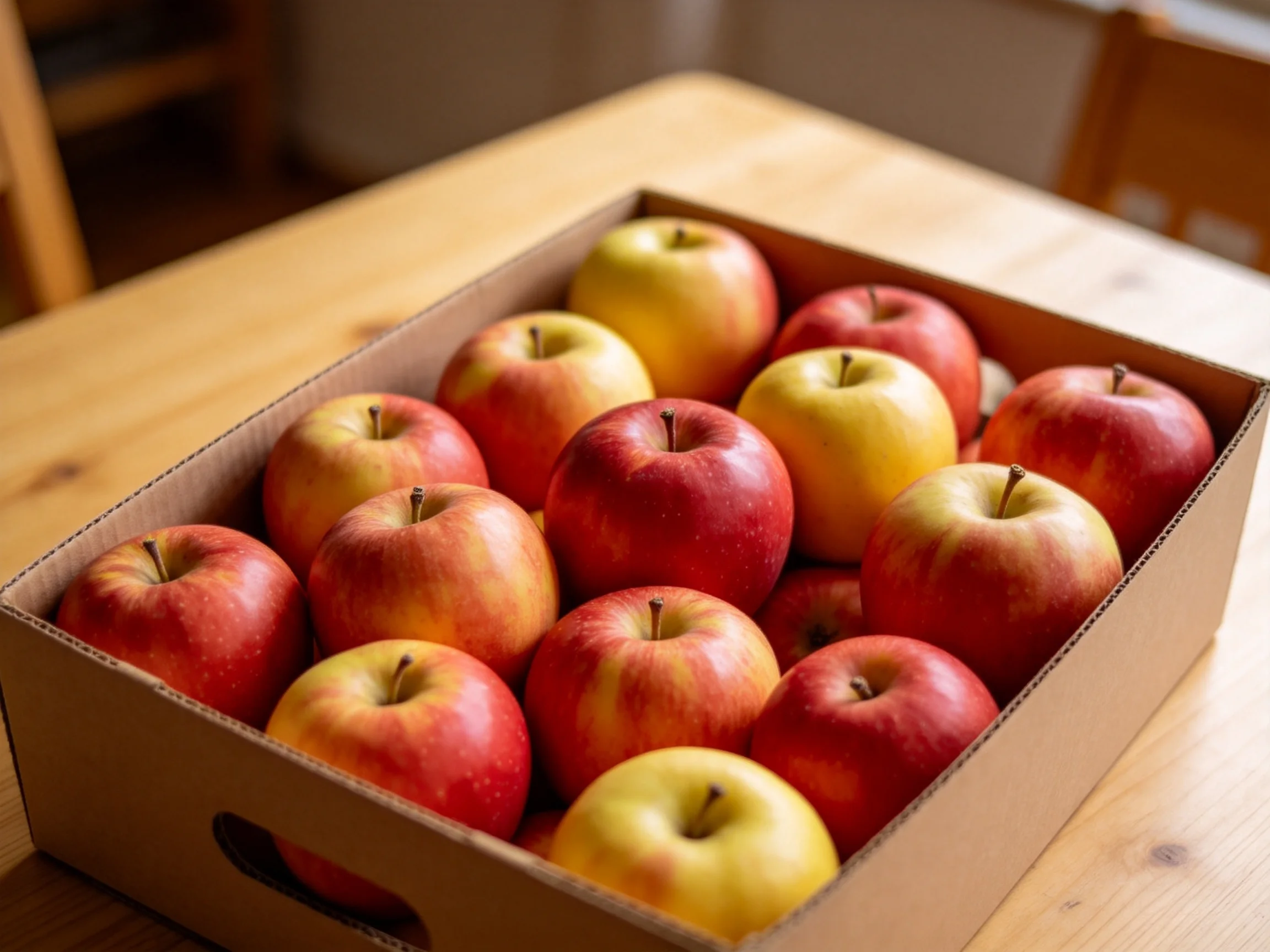 A box filled with red and golden apples on a wooden table