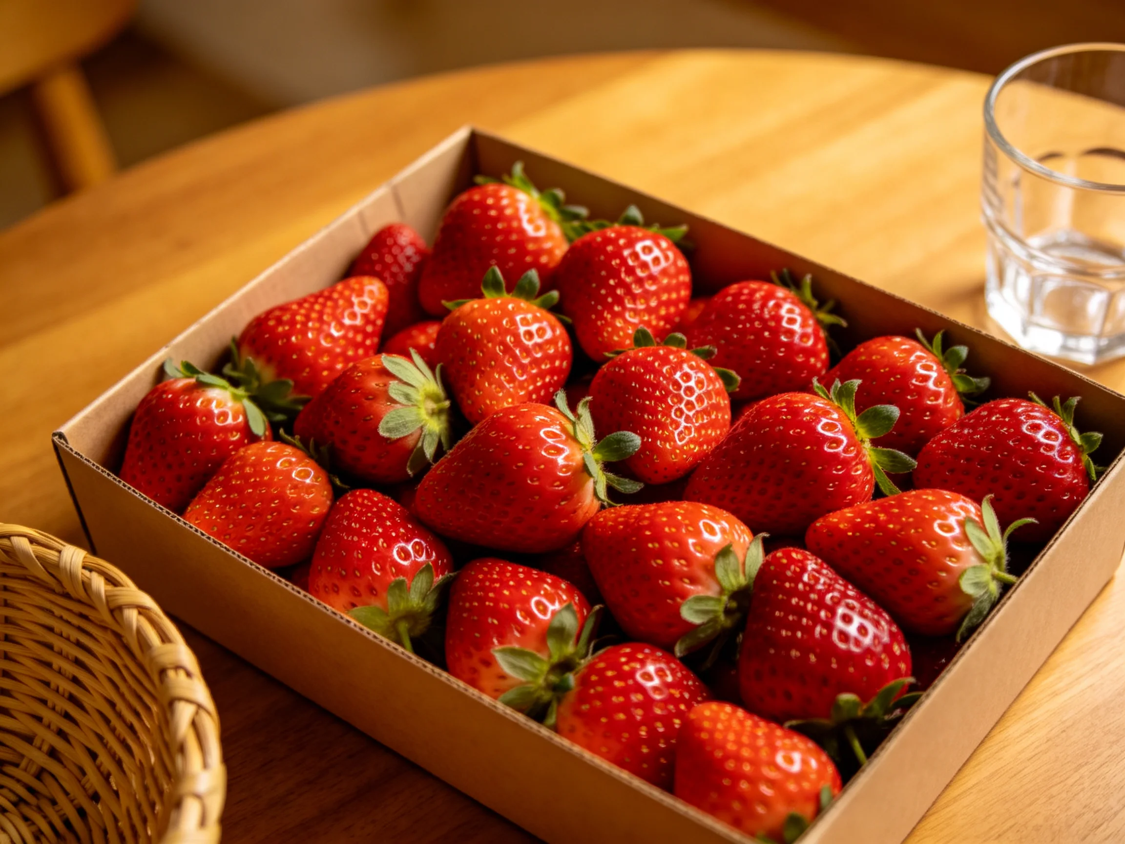 A box of plump red strawberries on a wooden table