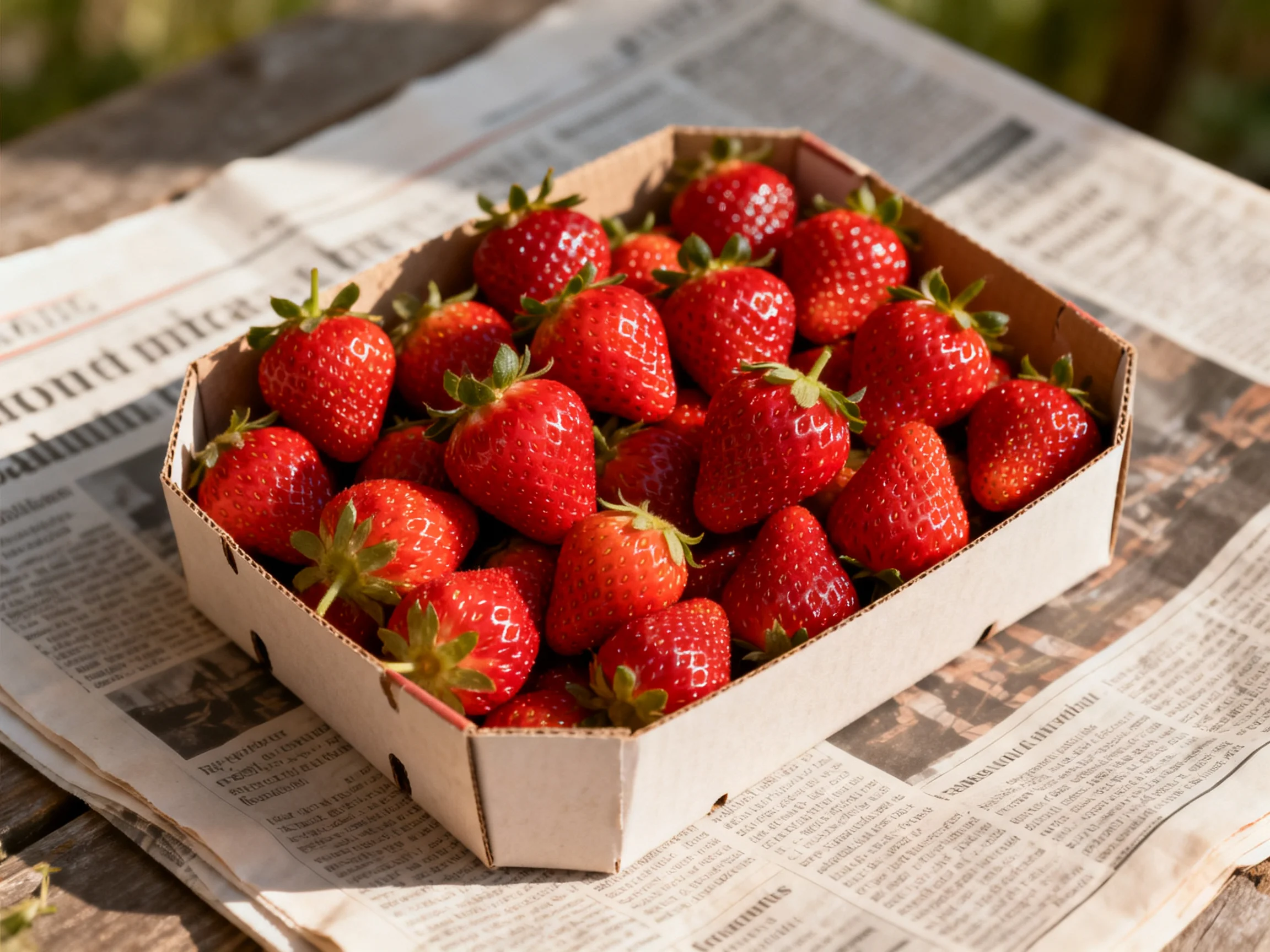 A box of ripe red strawberries sits on a newspaper.