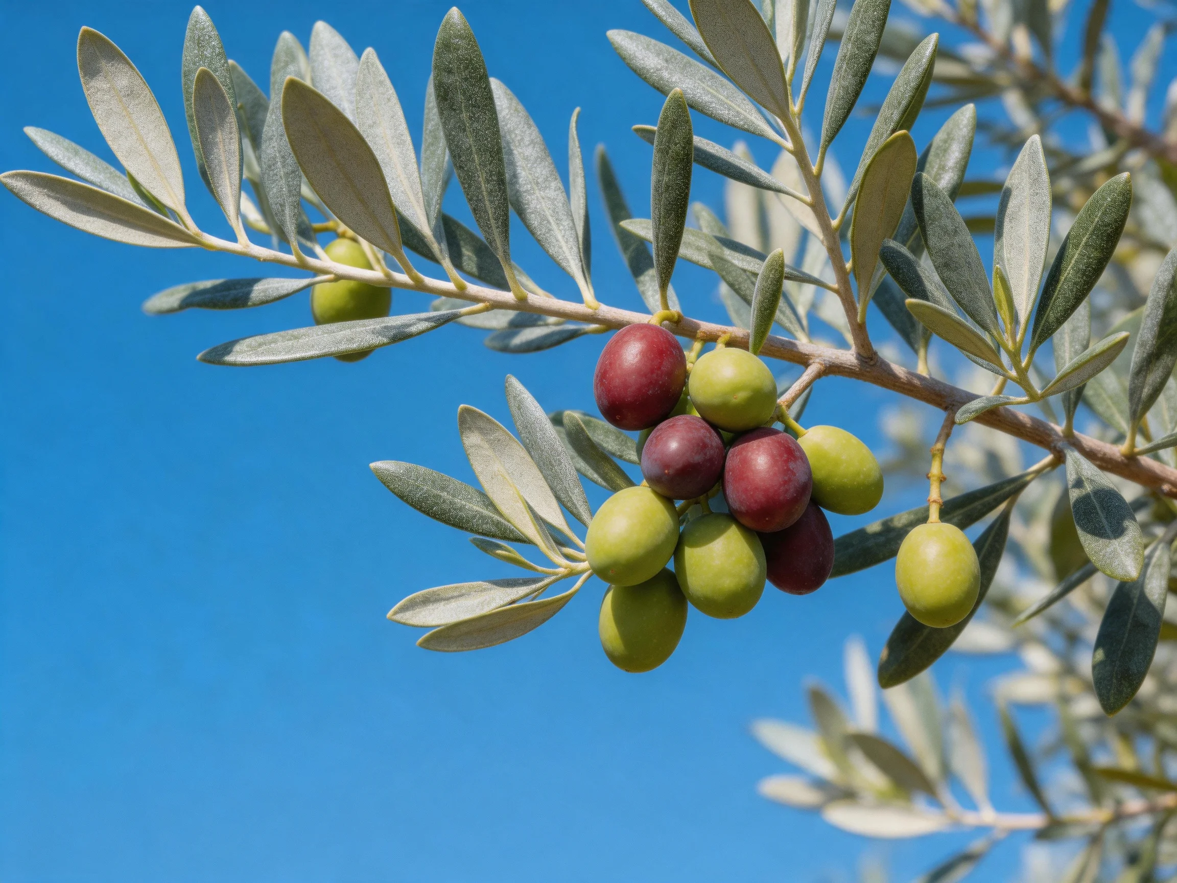 A branch bearing green and purple olives amidst silver leaves under a clear blue sky