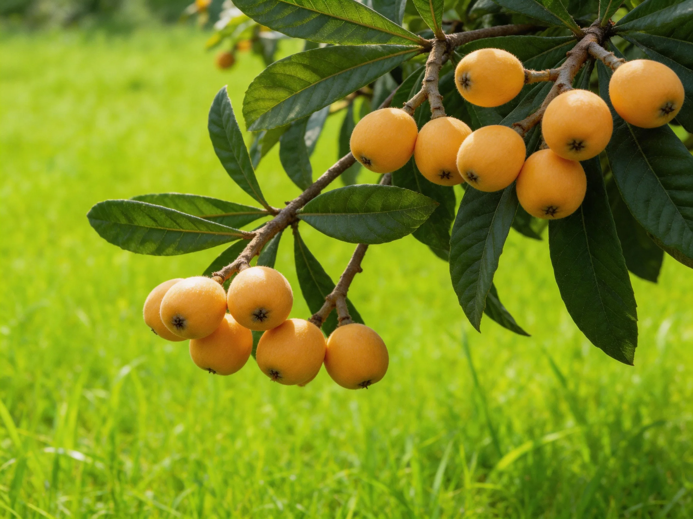 A branch bearing numerous round orange loquats amid lush green leaves