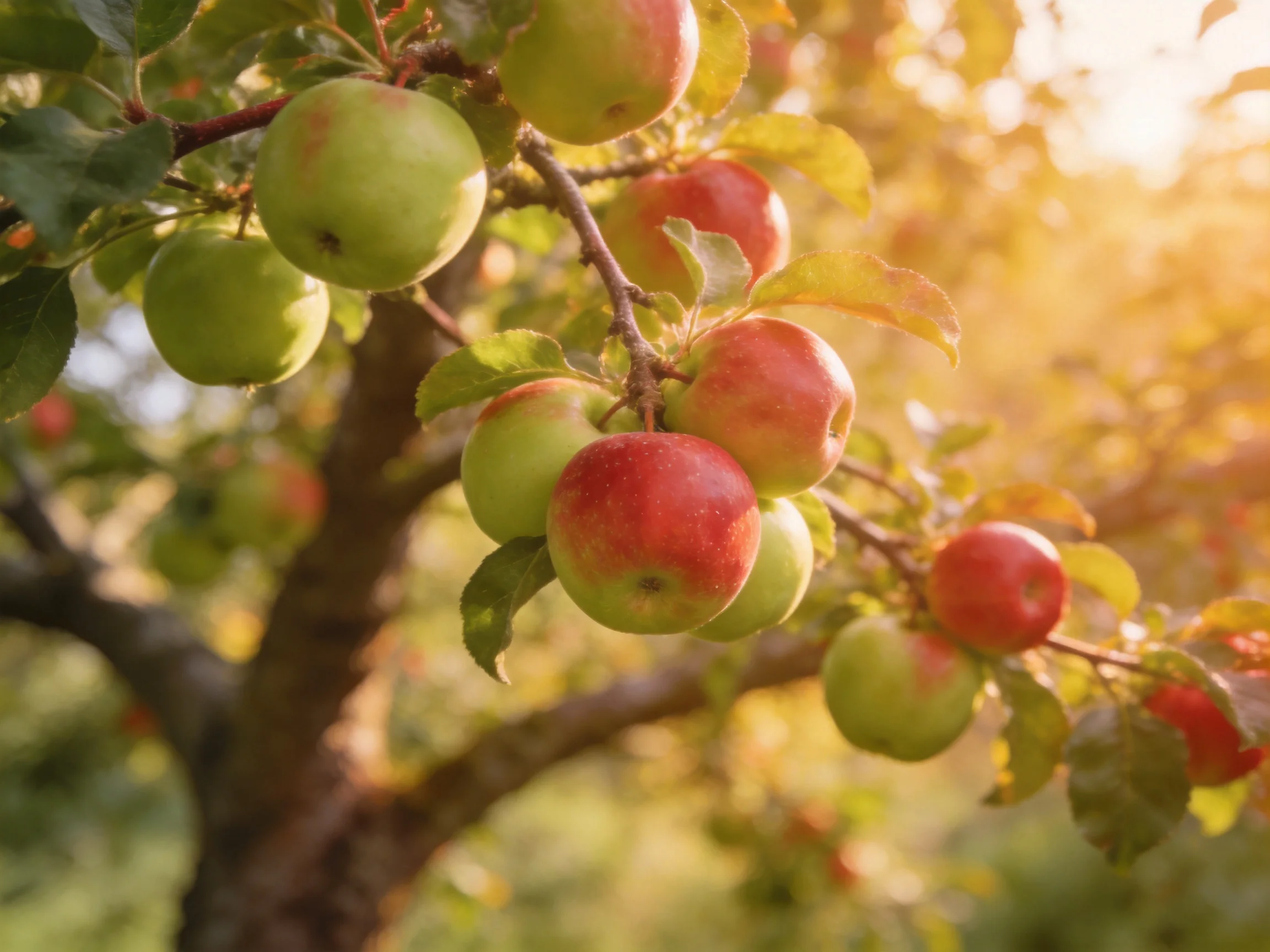A branch loaded with red and green apples under warm sunlight