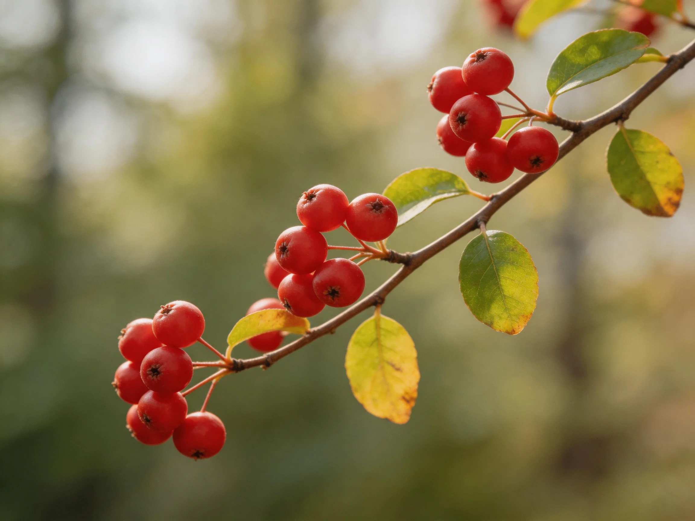 A branch with clusters of bright red berries and yellow-green leaves
