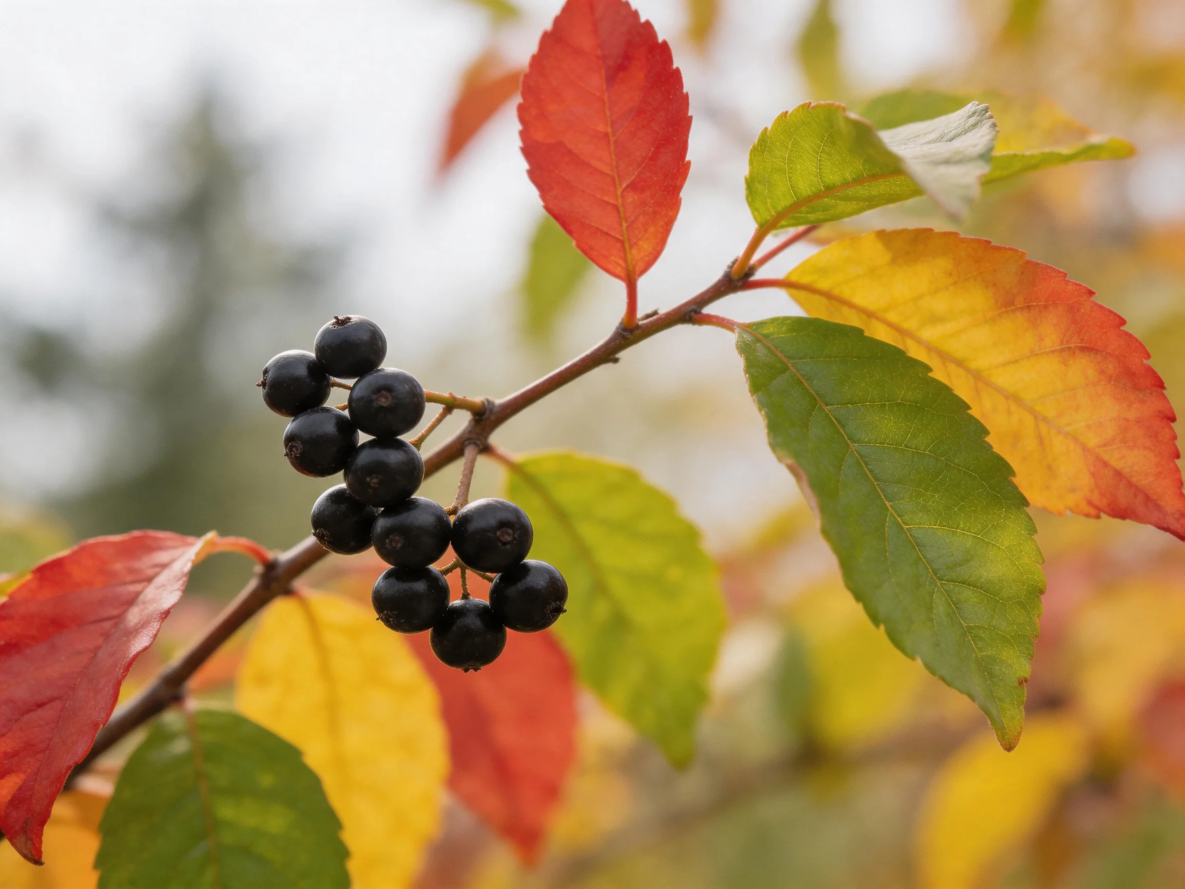 A branch with dark berries and multicolored autumn leaves