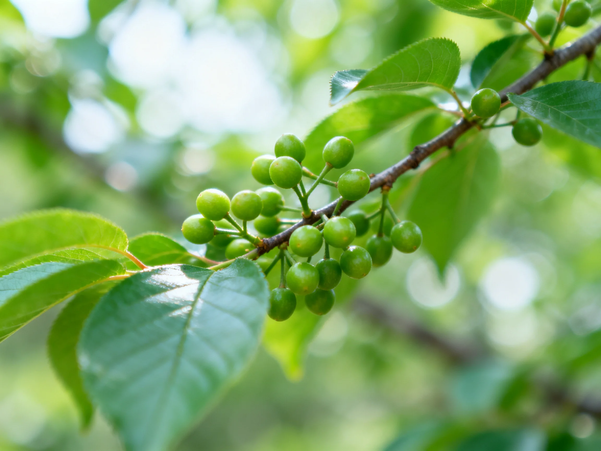 A branch with many small green berries and broad green leaves