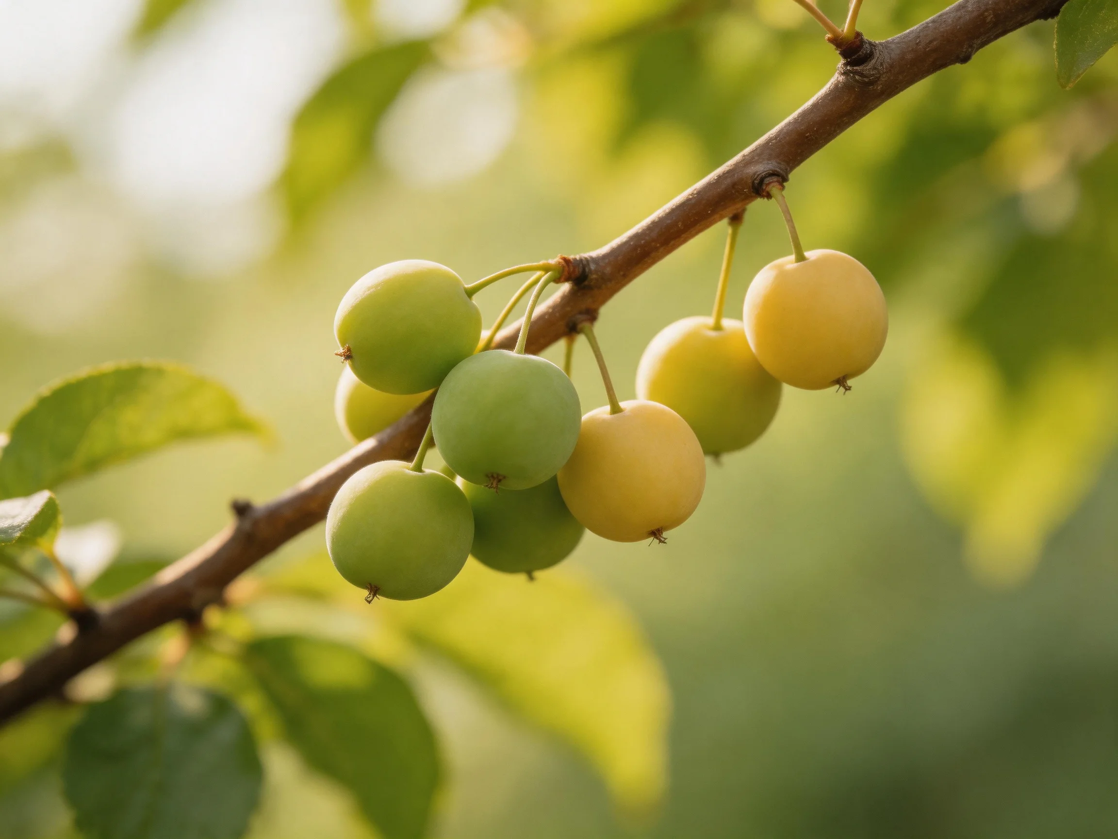 A branch with small round fruits in green and golden tones