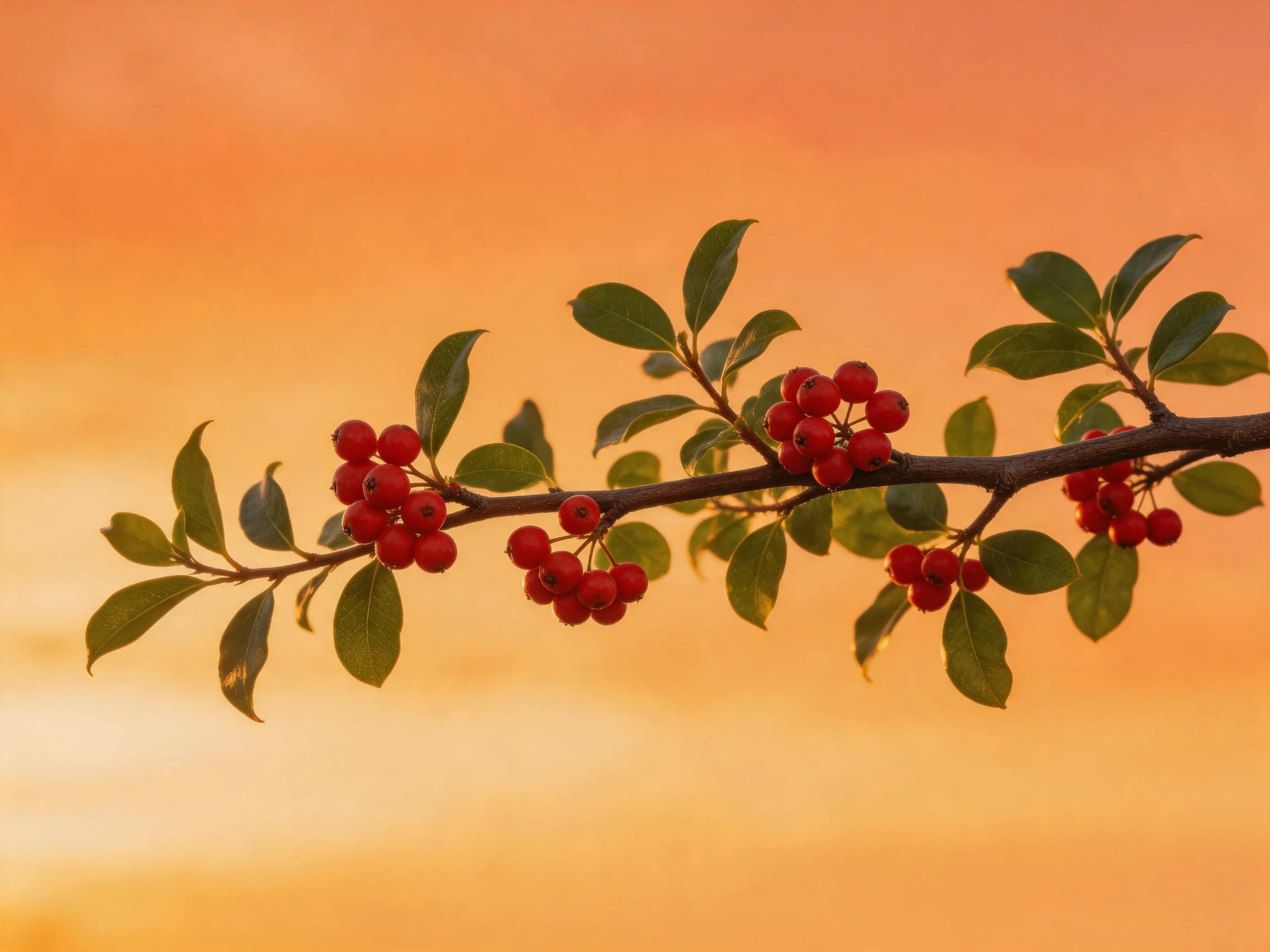 A branch with vibrant red berries and green leaves against an orange sunset sky