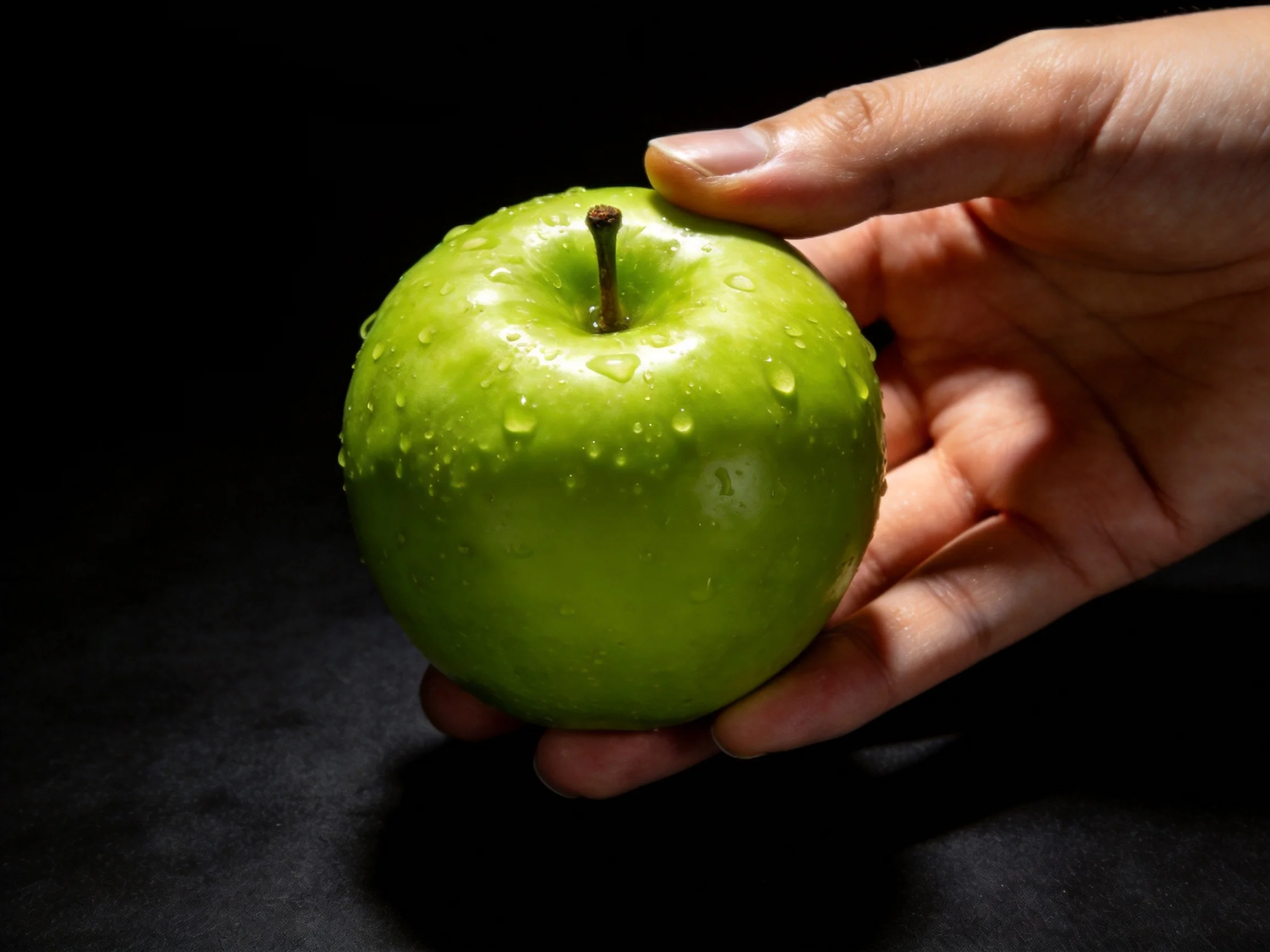 A bright green apple with water droplets held by a hand