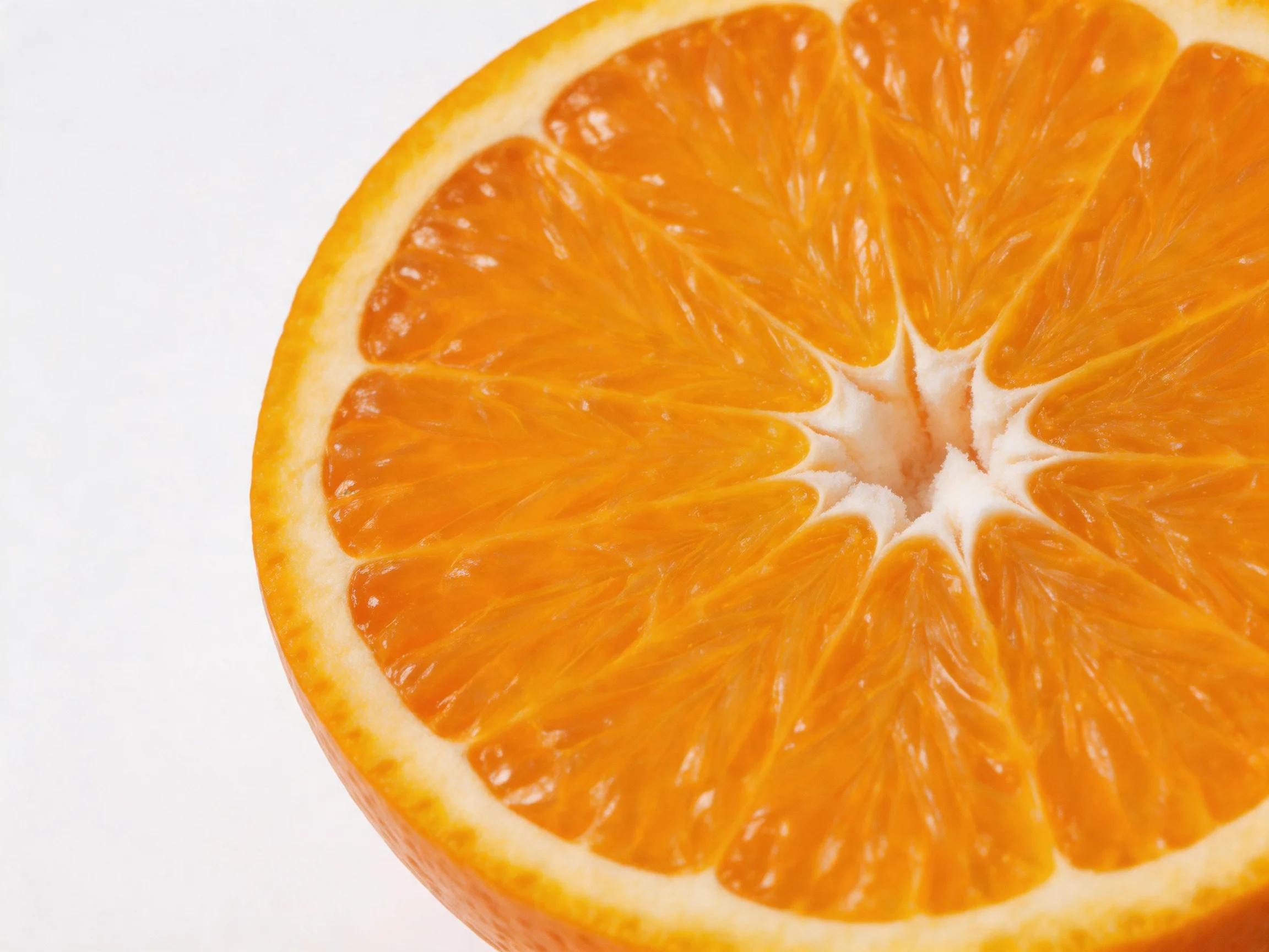 A bright orange citrus fruit cut in half, revealing juicy segments