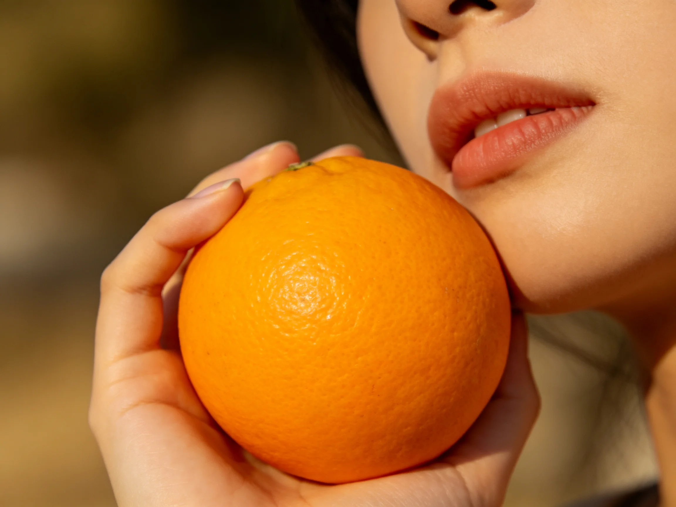 A bright orange citrus fruit held near a person’s face