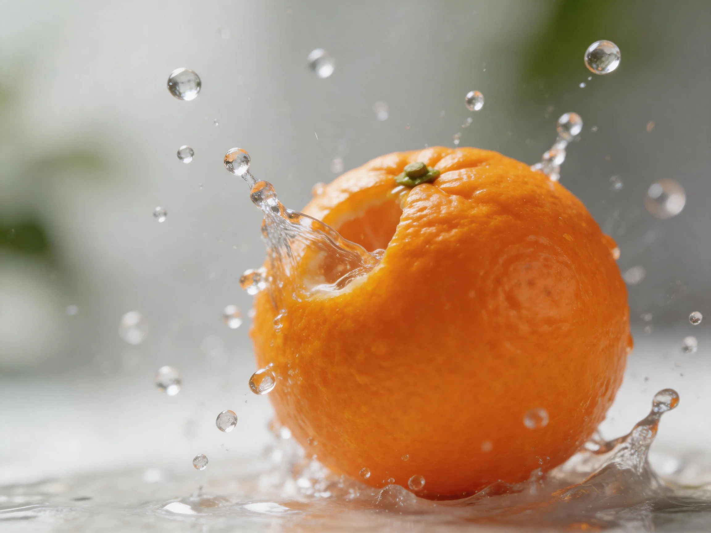 A bright orange citrus fruit interacting with water splashes