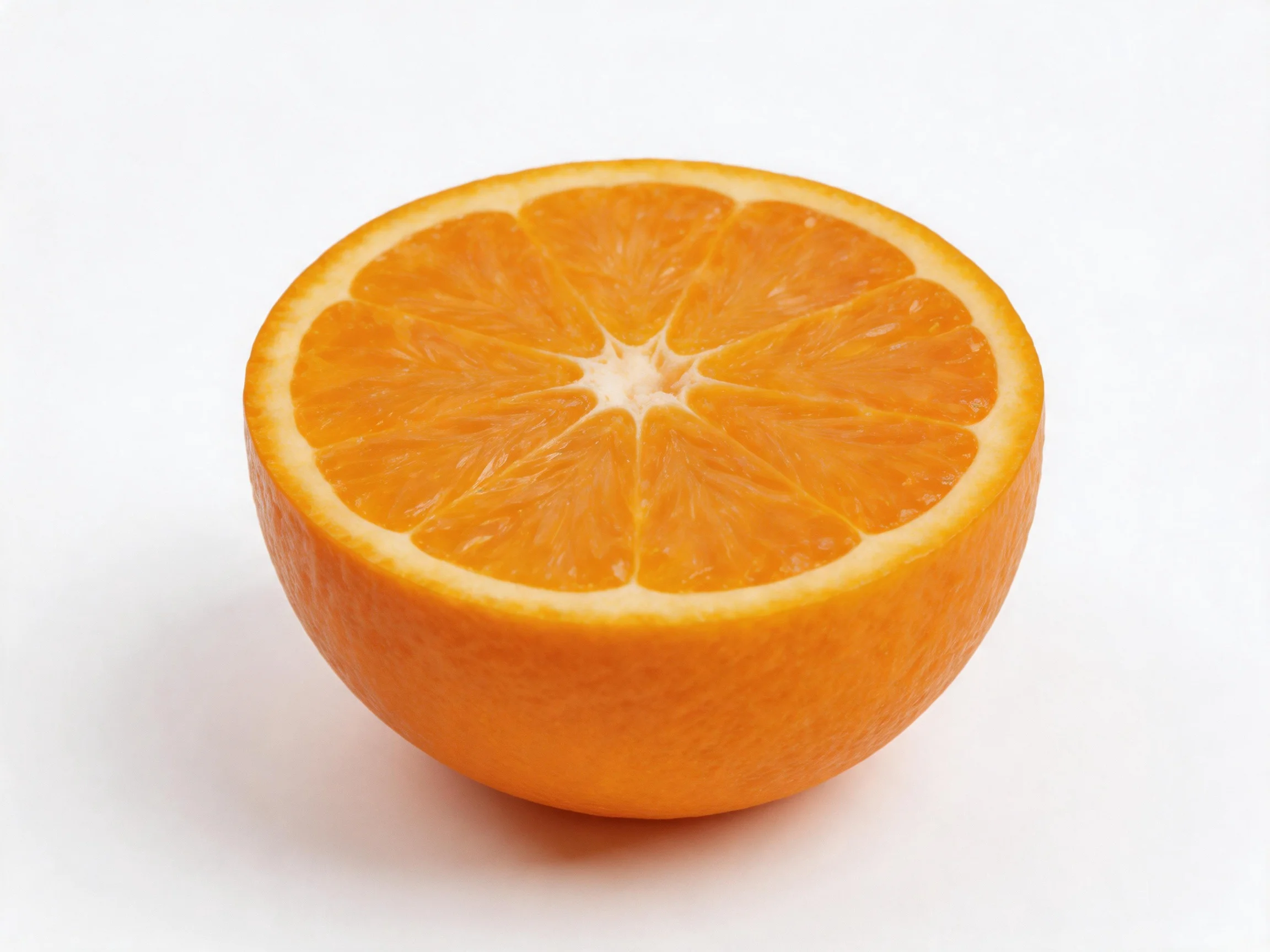 A bright orange citrus fruit sliced into two symmetrical halves