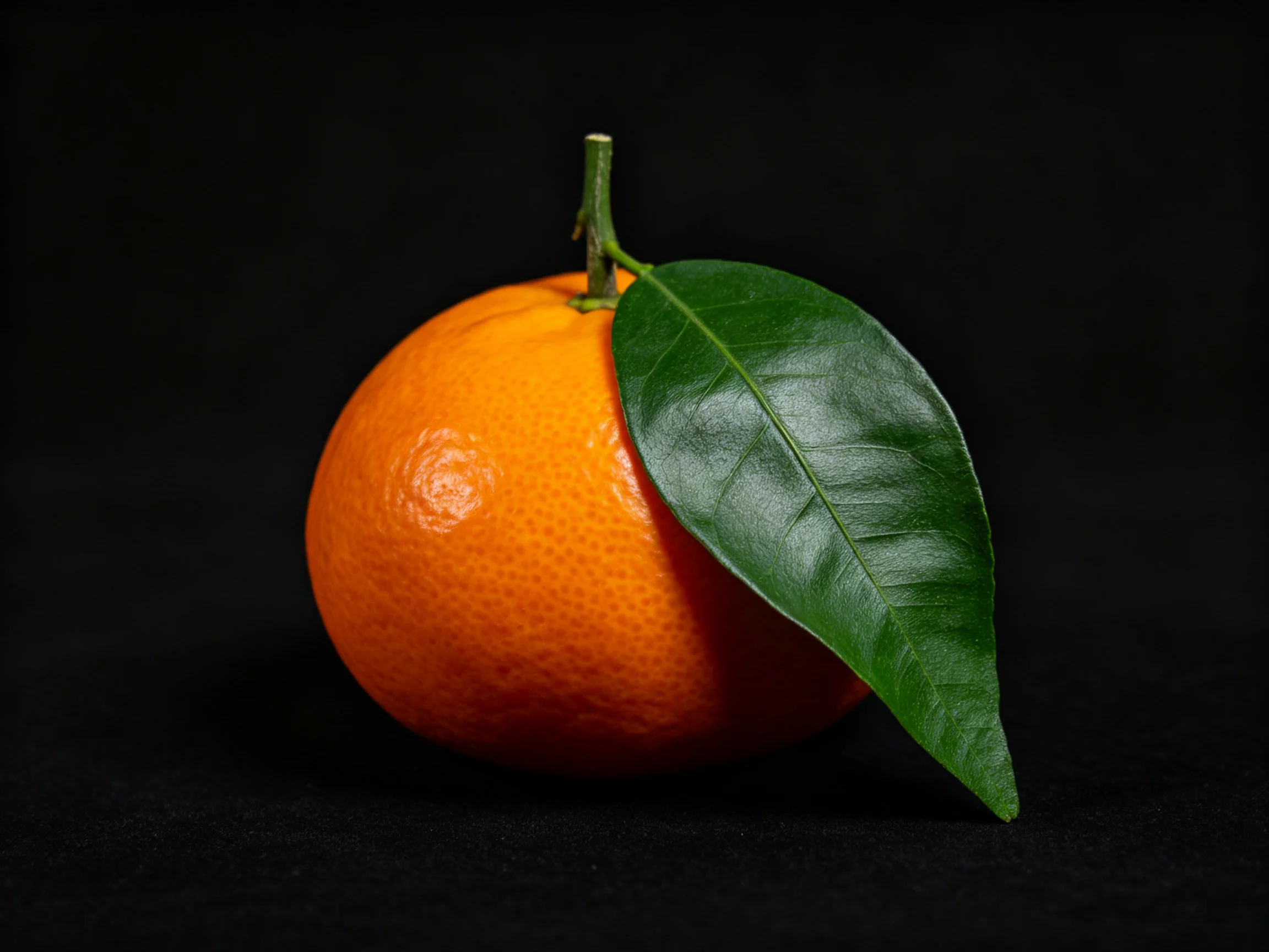 A bright orange citrus fruit with a glossy green leaf on a black backdrop