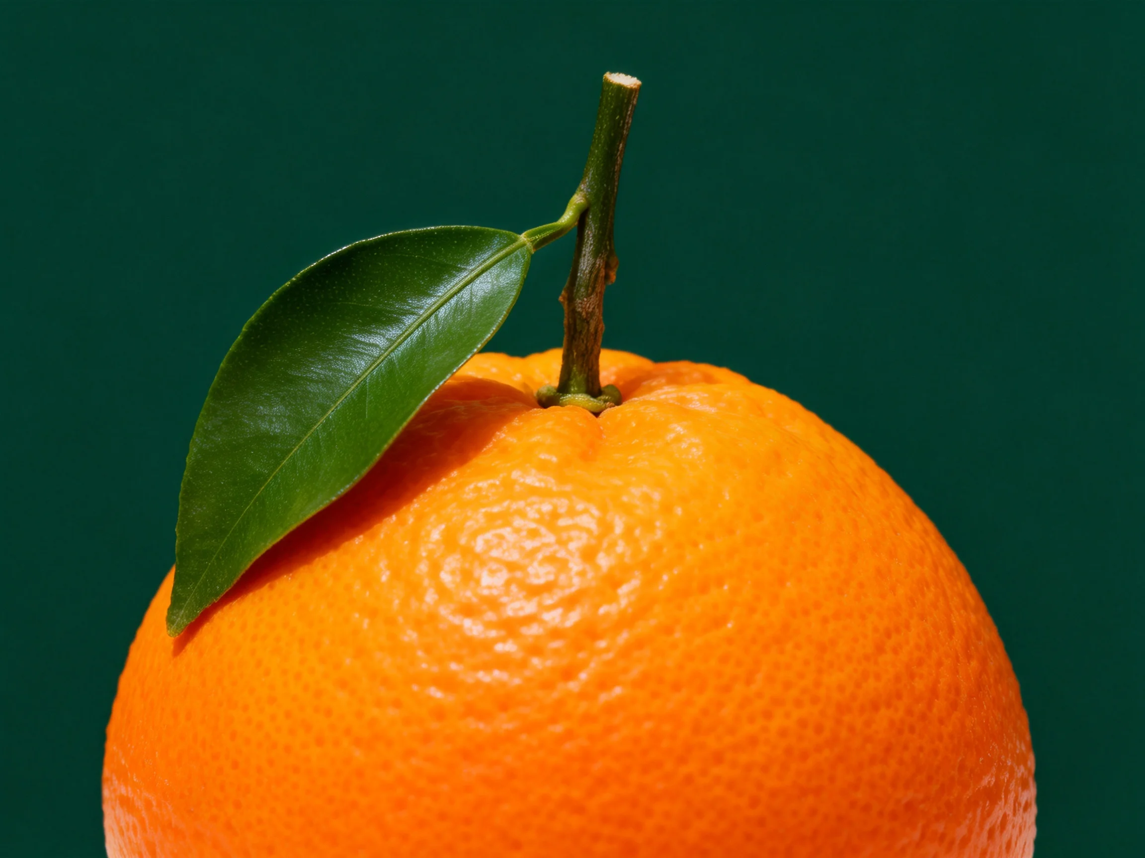 A bright orange citrus fruit with a single green leaf on a dark green background