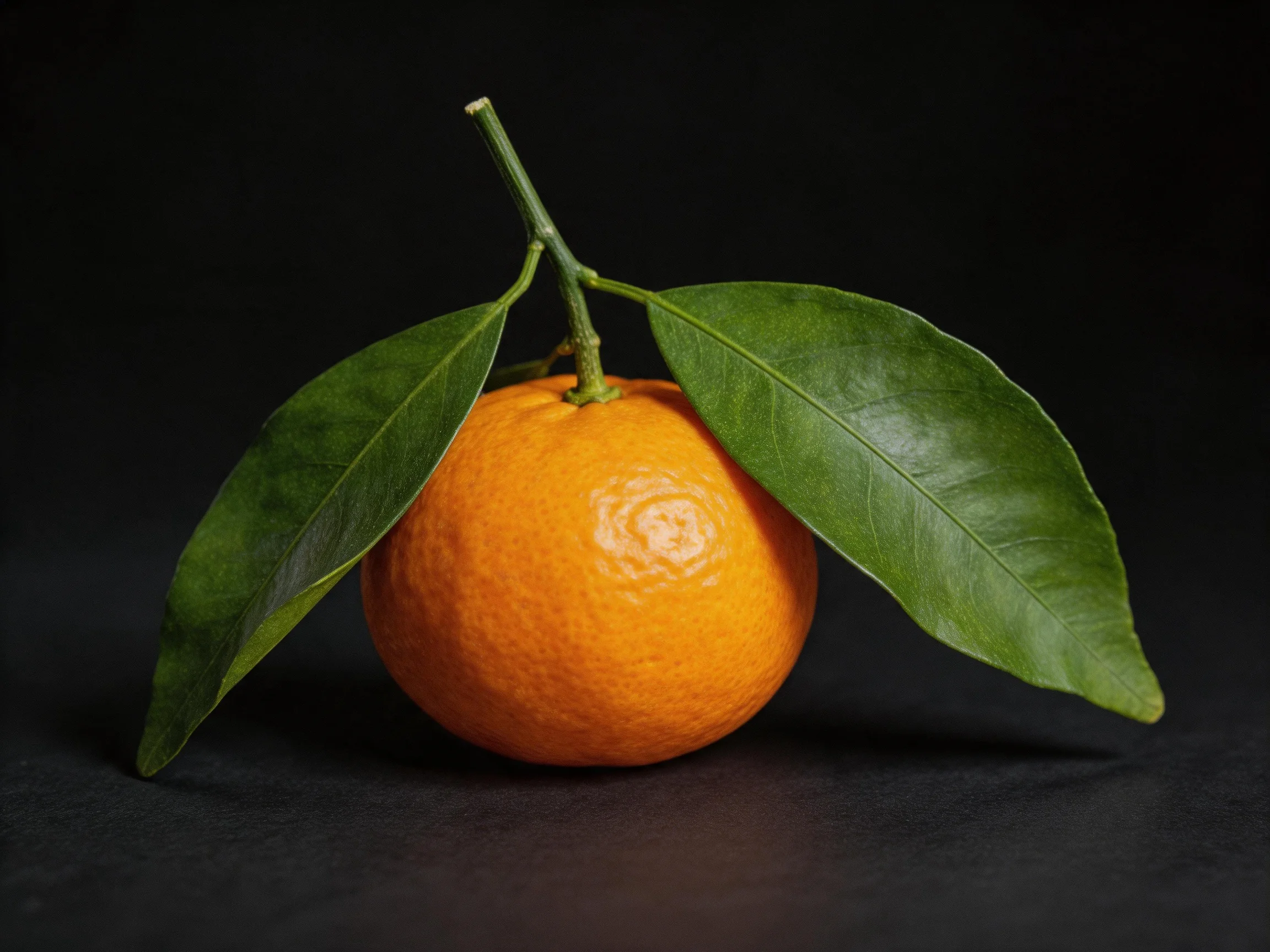 A bright orange citrus fruit with glossy green leaves on a dark surface