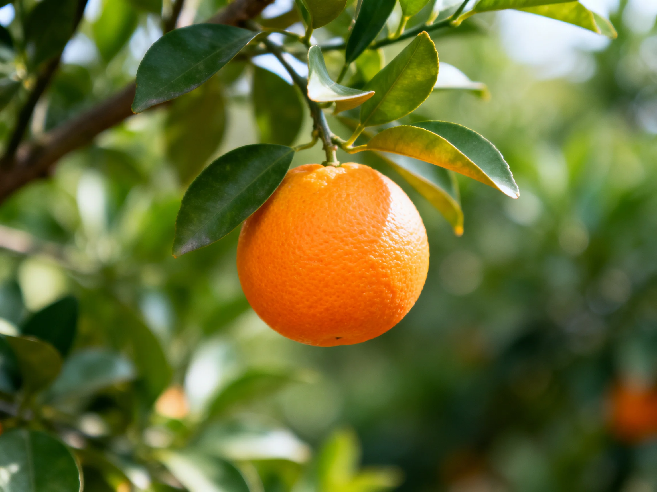 A bright orange fruit hangs from a leafy citrus branch