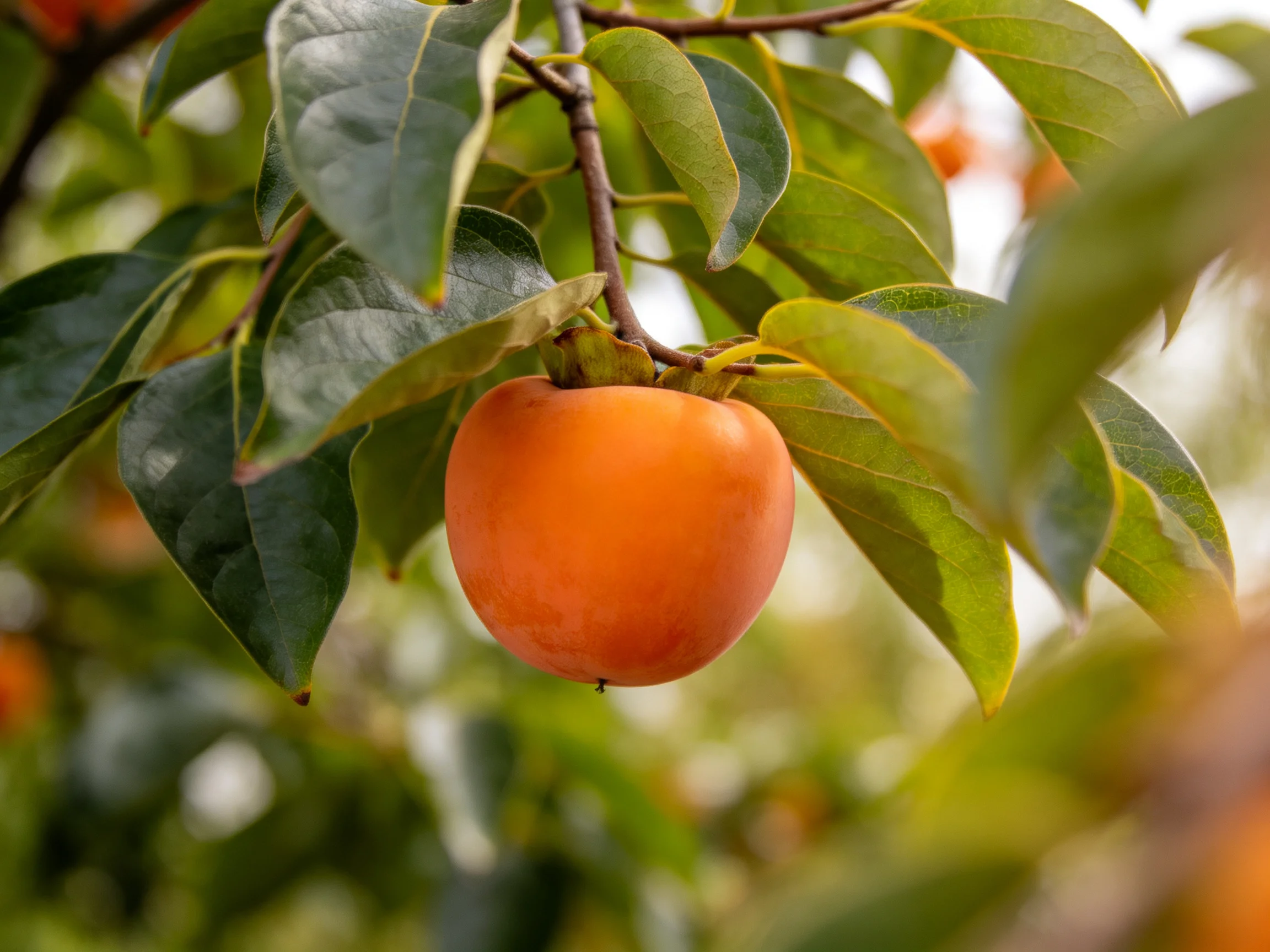 A bright orange persimmon hangs from a leafy tree branch