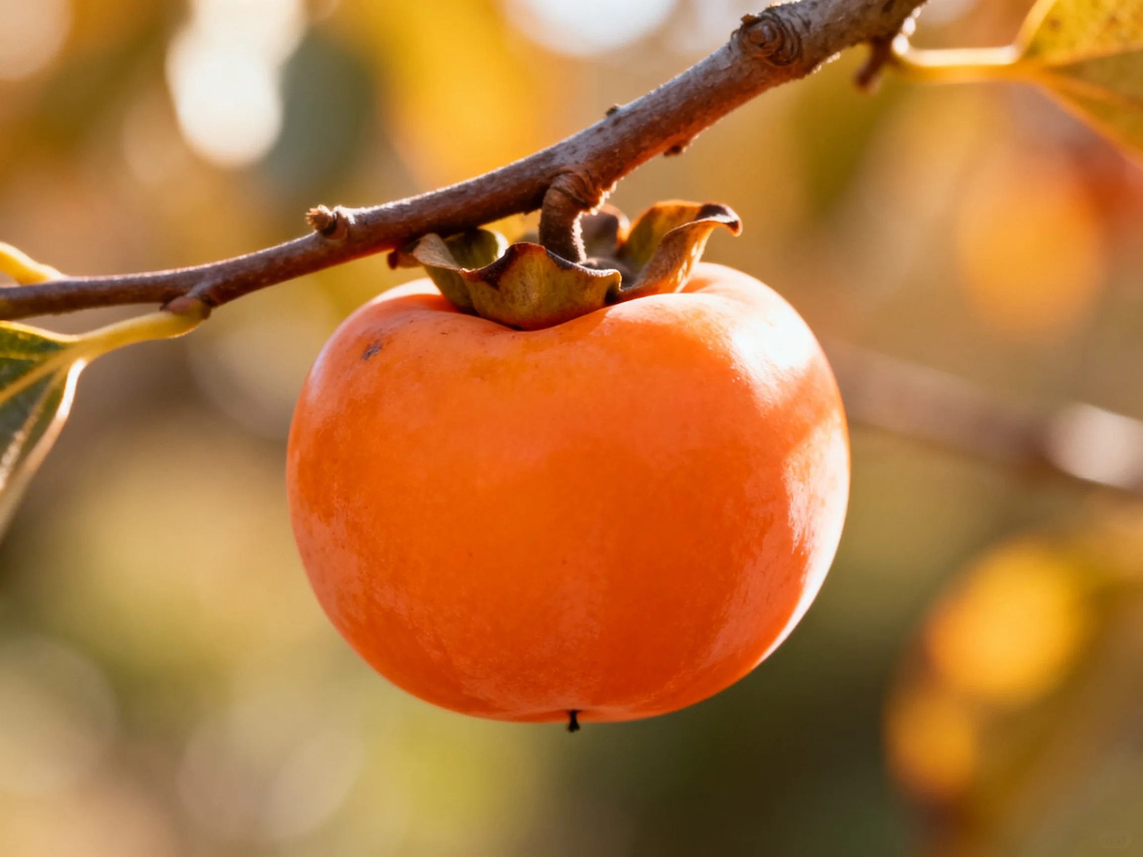 A bright orange persimmon hangs from a tree branch amid autumn foliage