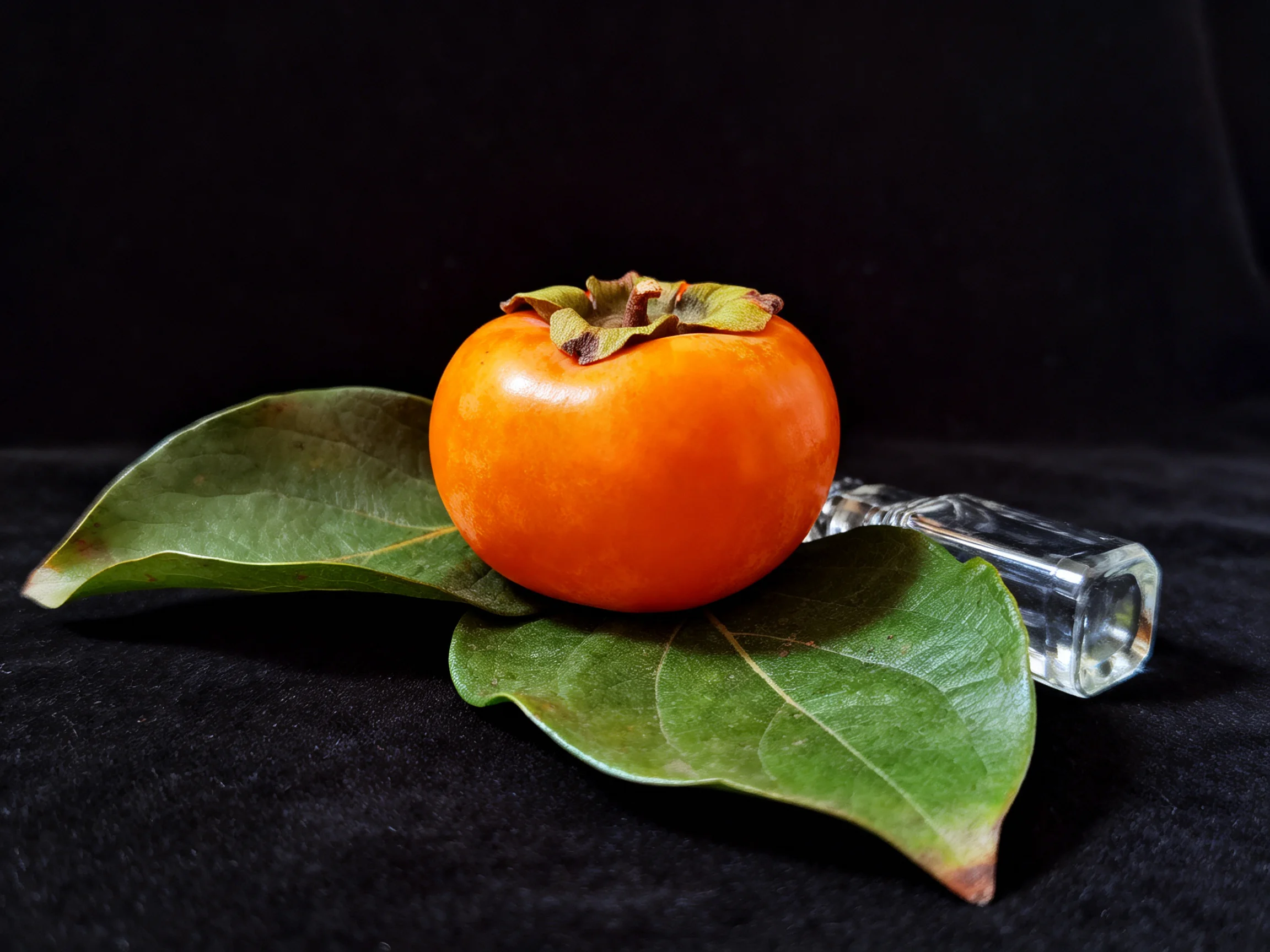 A bright orange persimmon rests on broad green leaves with a small glass container