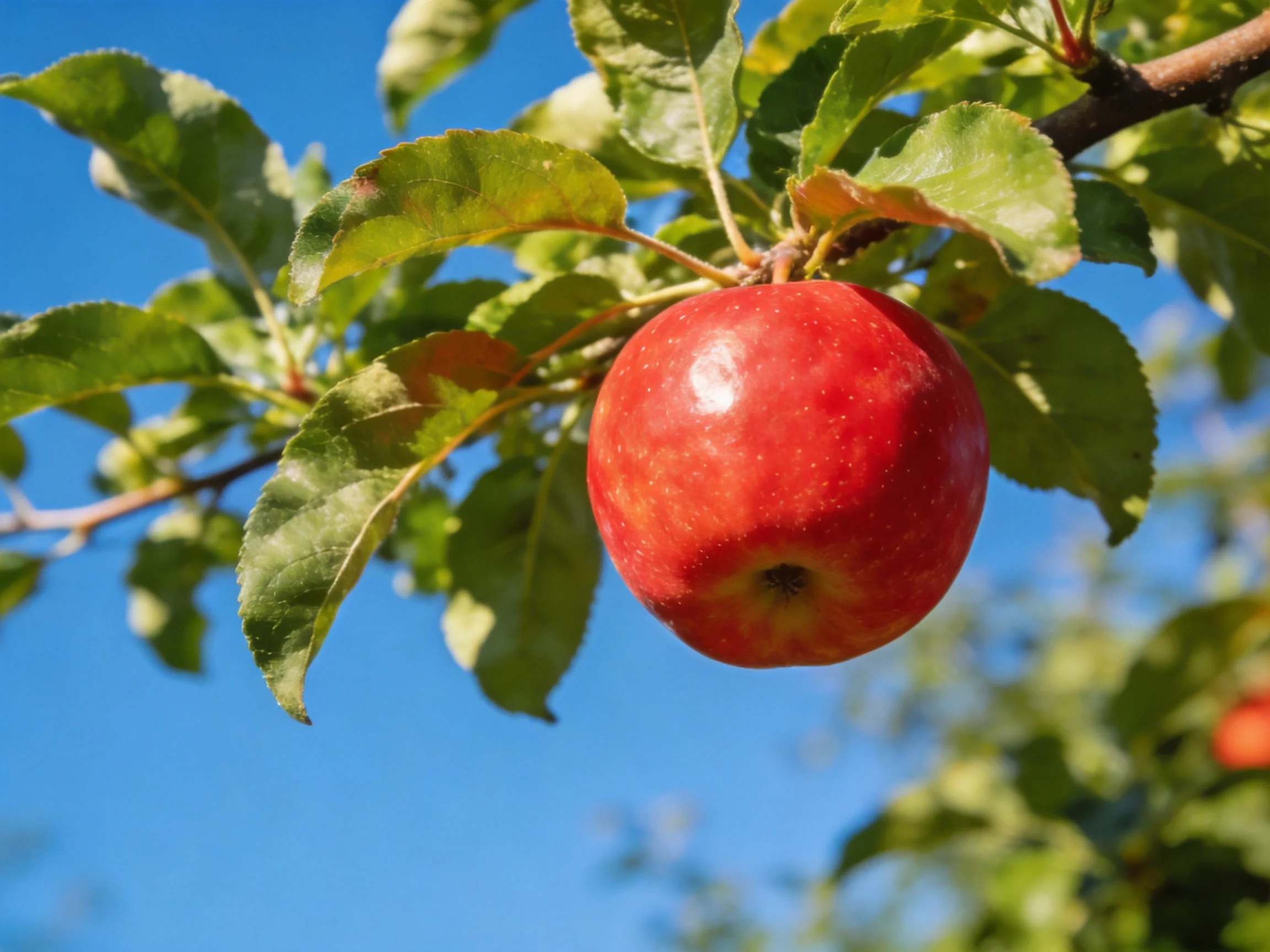 A bright red apple dangles from a leafy branch beneath a clear blue sky