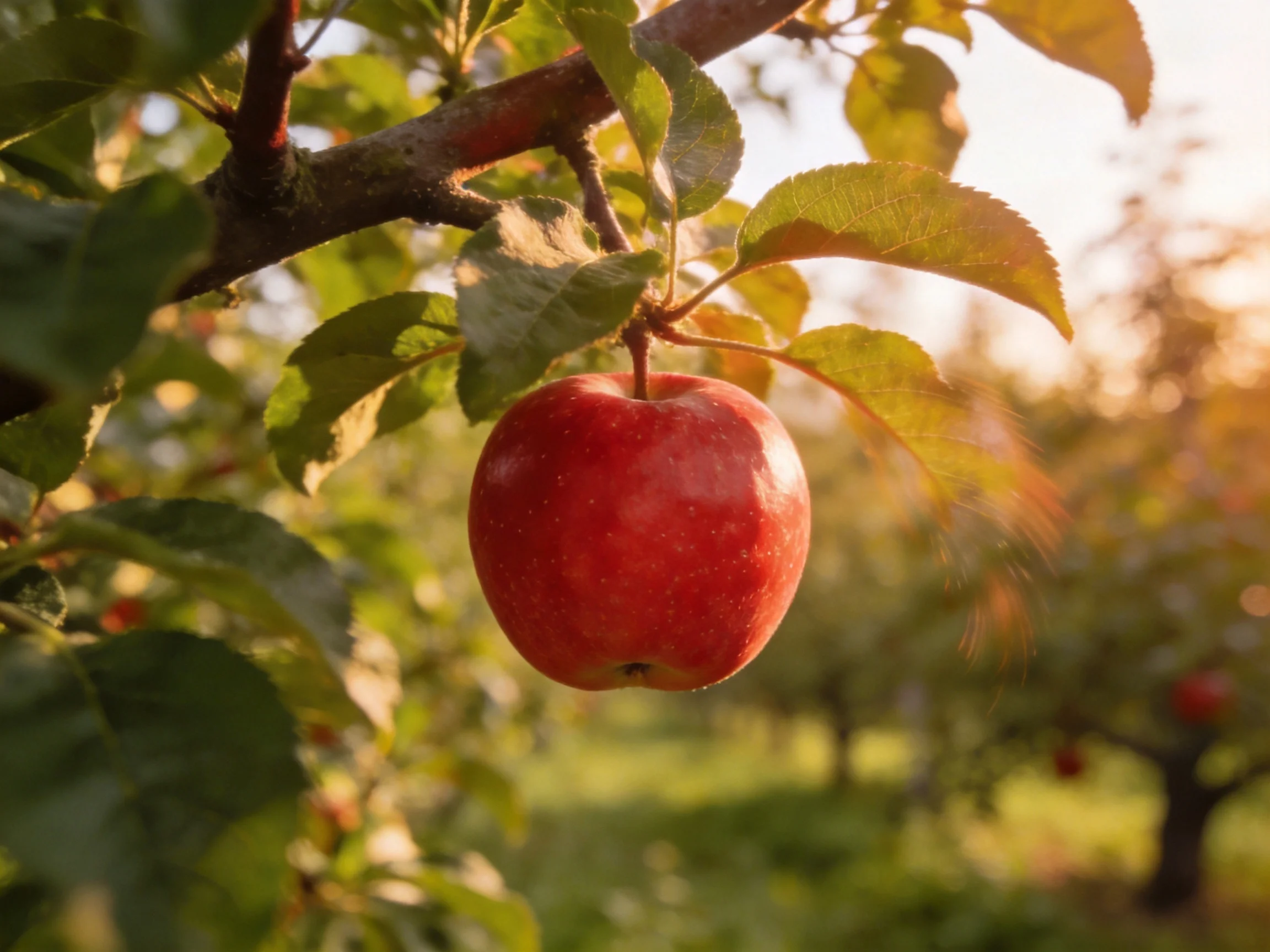 A bright red apple dangles from a tree branch amidst lush green leaves in golden sunlight.