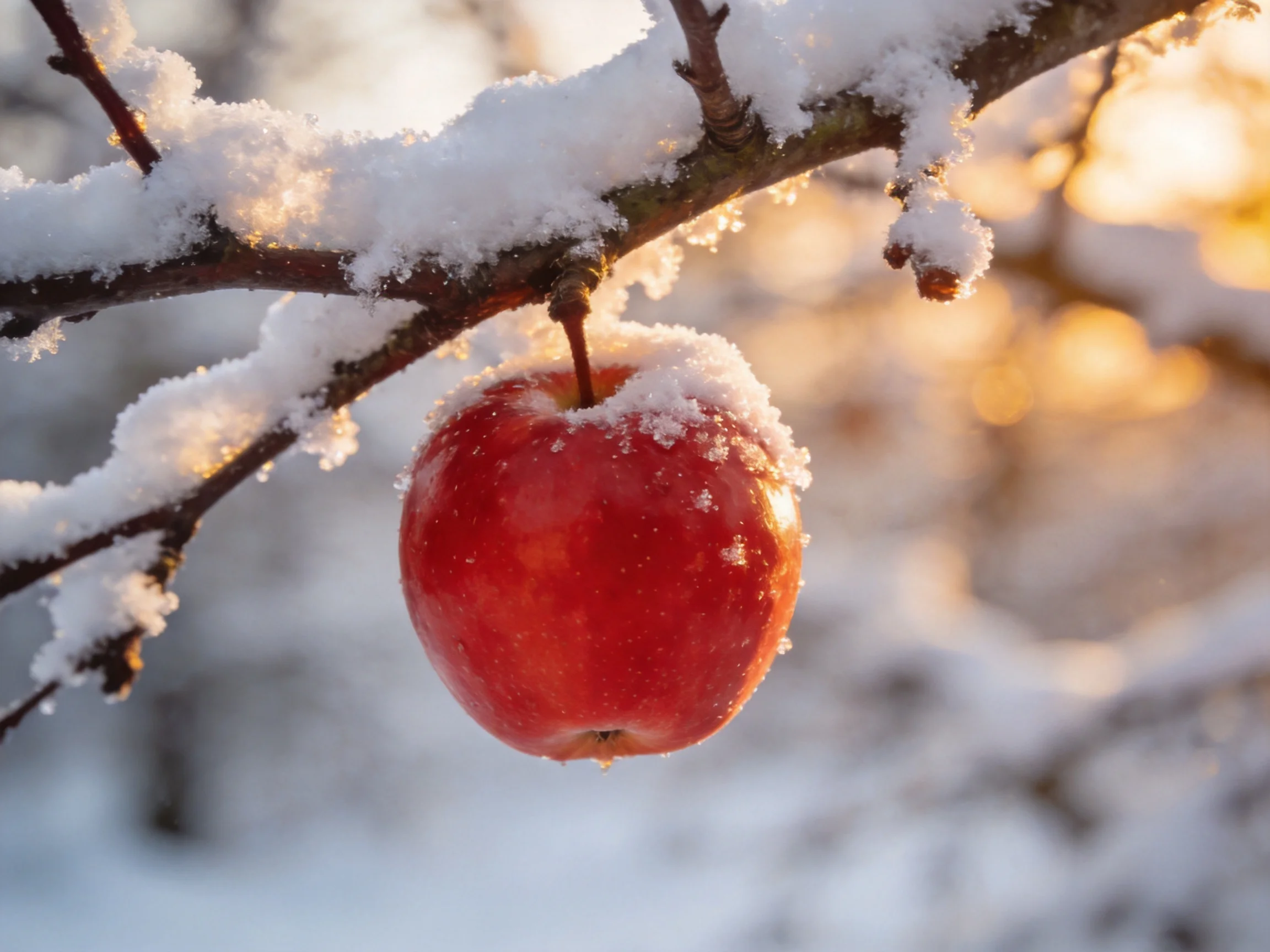 A bright red apple dusted with snow hangs from a frosty tree branch