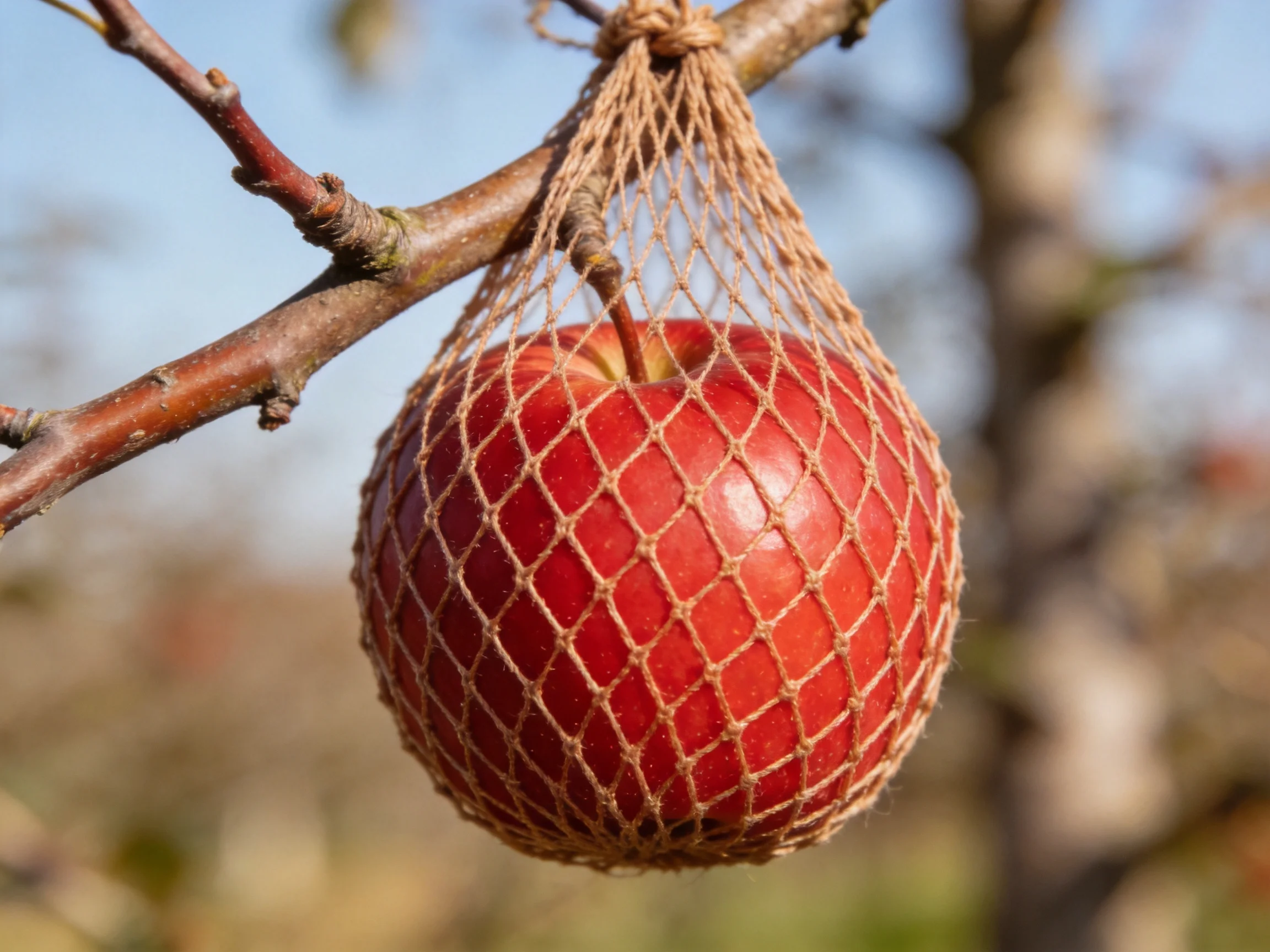 A bright red apple enclosed in a brown net hangs from a tree branch
