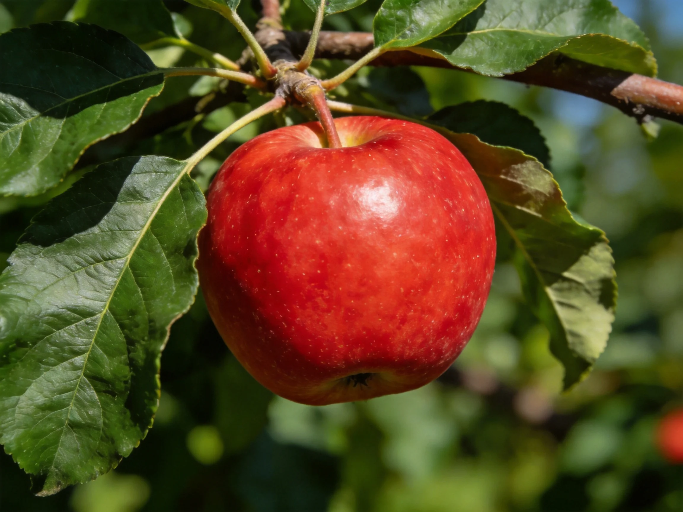 A bright red apple hangs from a leafy tree branch.