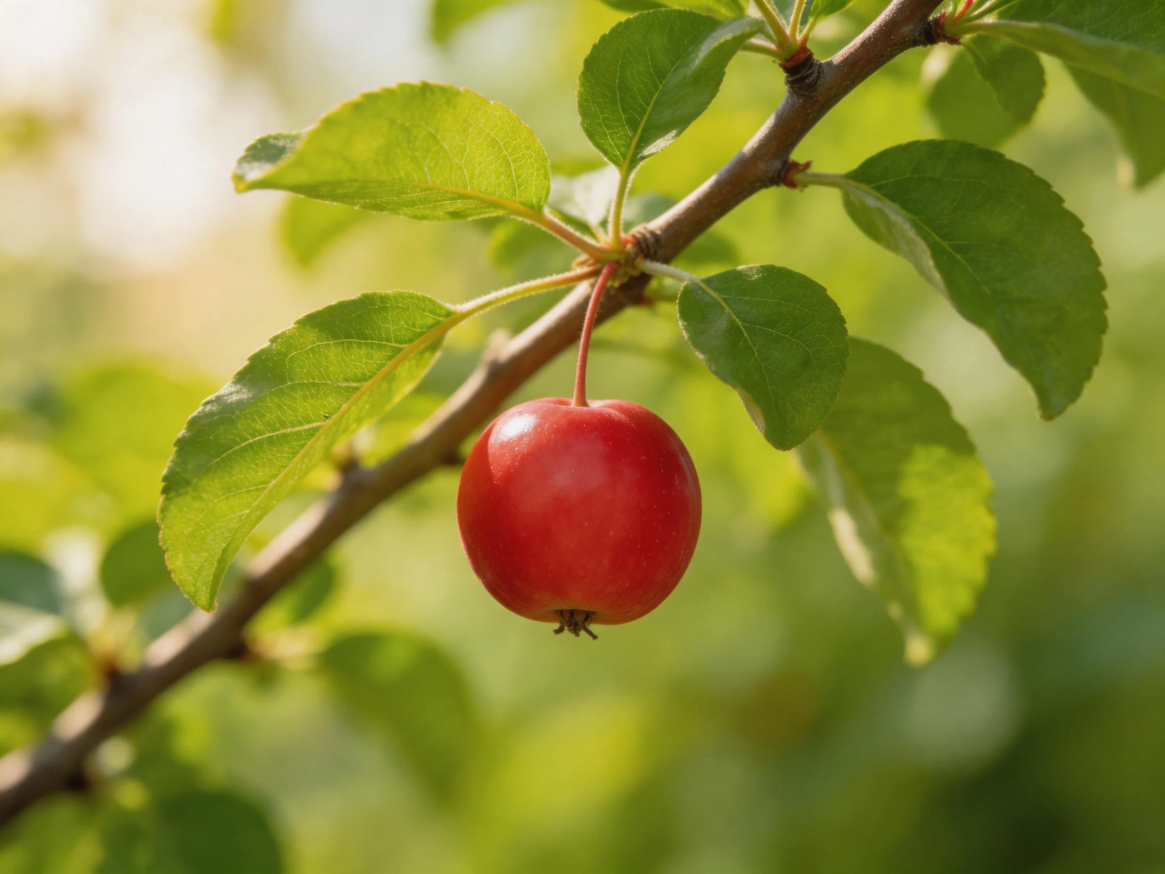 A bright red apple hangs from a tree branch amid glossy green leaves