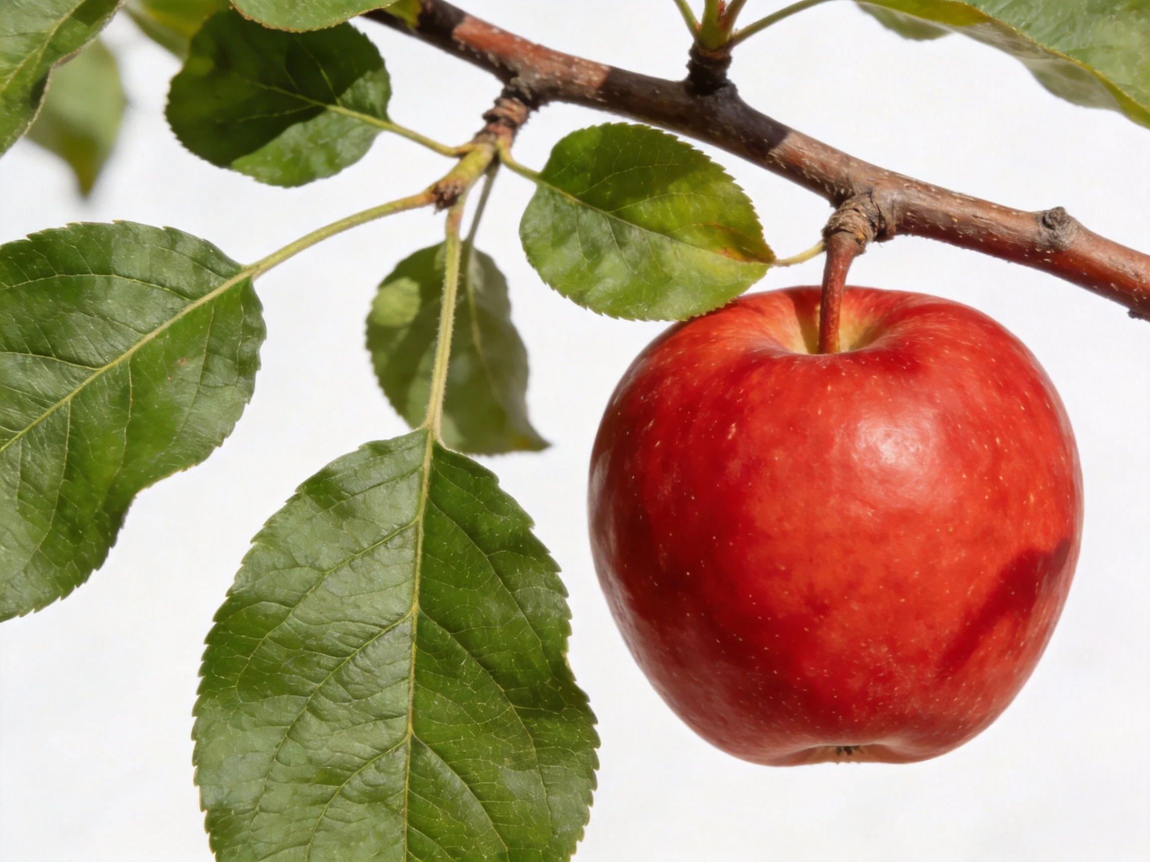 A bright red apple hangs from a tree branch with green leaves