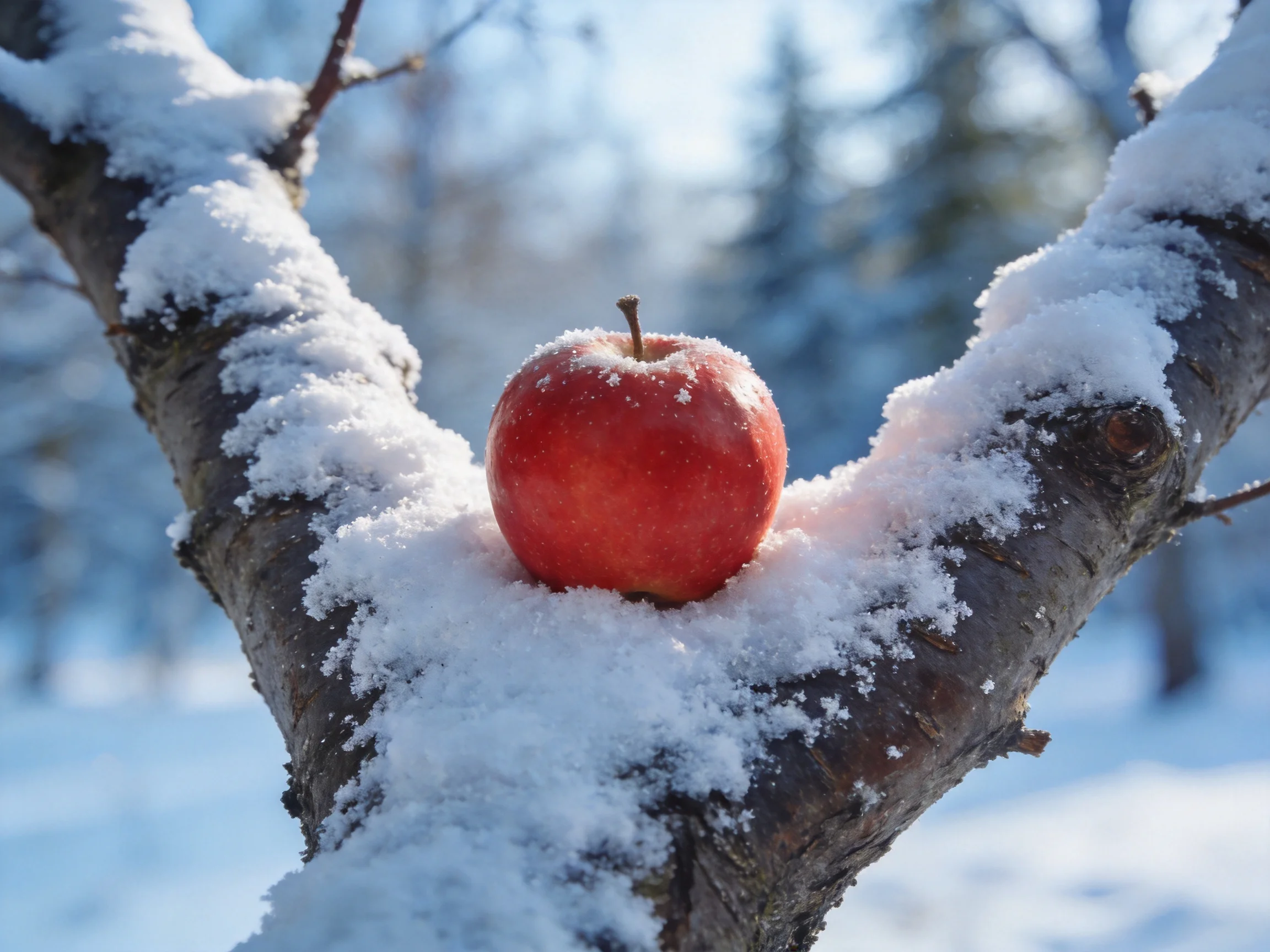 A bright red apple rests on snow-laden tree branches