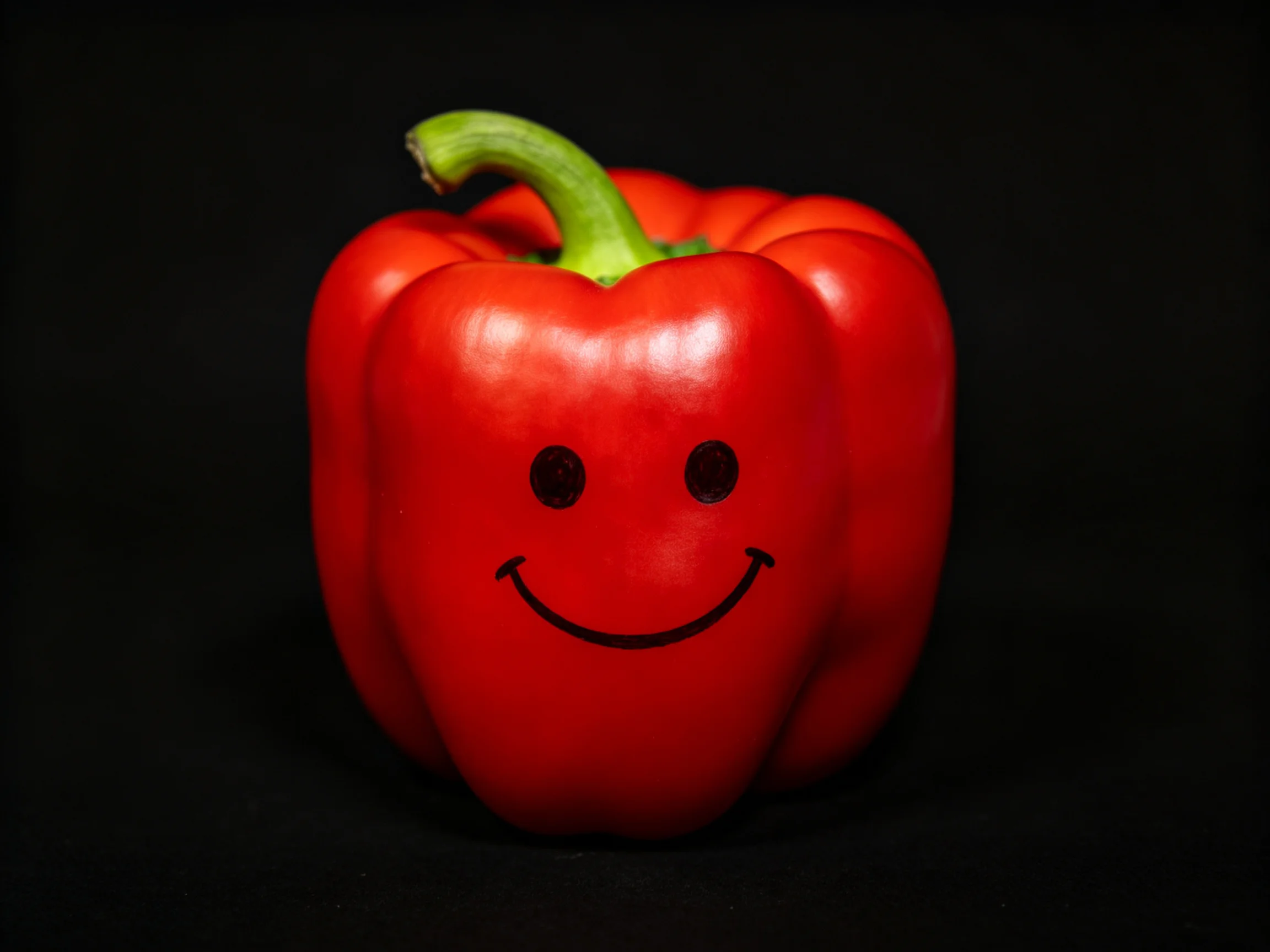 A bright red bell pepper with a smiley face on a black backdrop